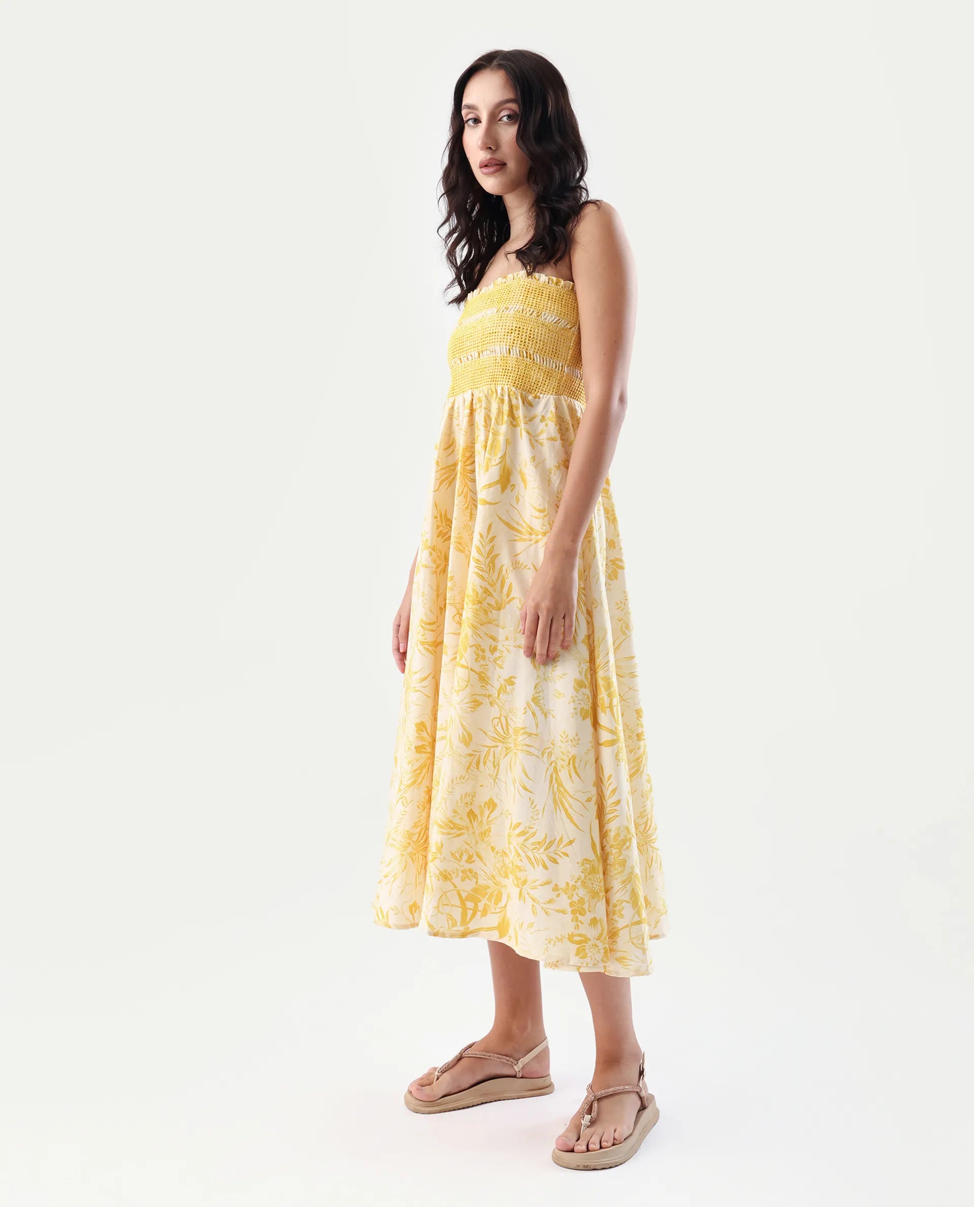 Rareism Women's Jendim Beige Cotton Tube Neck Fit And Flare Printed Midi Dress