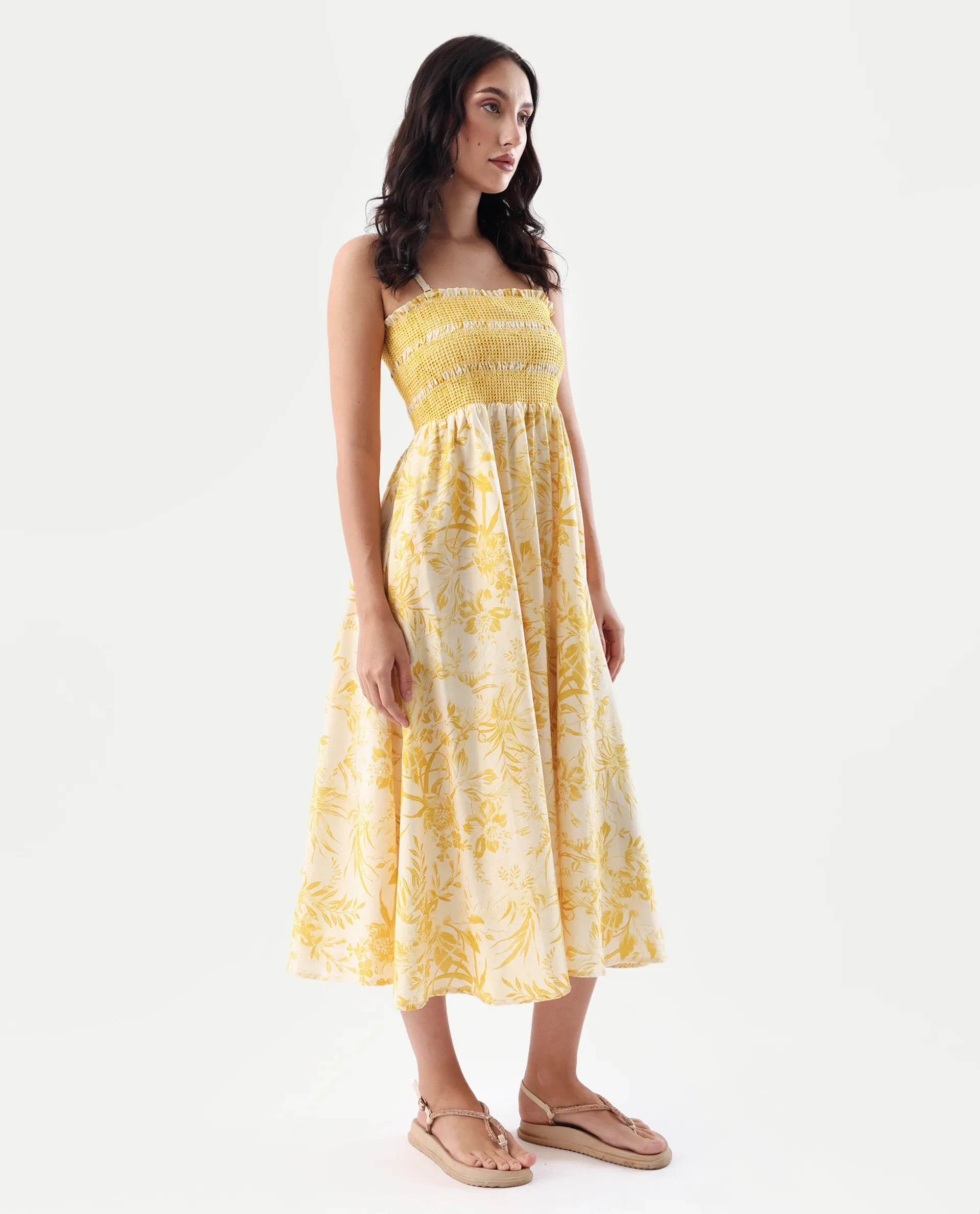 Rareism Women's Jendim Beige Cotton Tube Neck Fit And Flare Printed Midi Dress