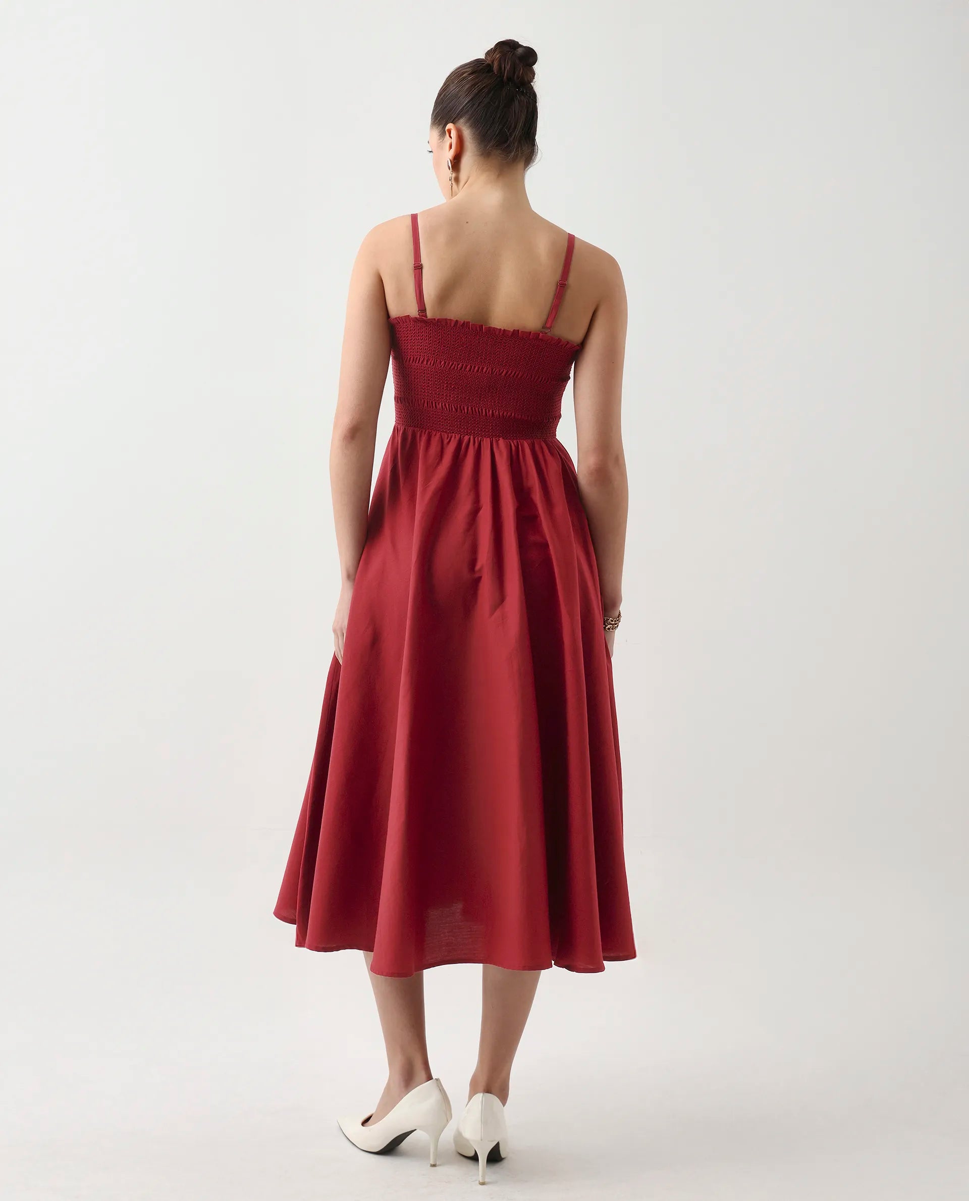 Rareism Women's Jendimo Dark Red Cotton Sleeveless Tube Neck Fit And Flare Fit Plain Midi Dress