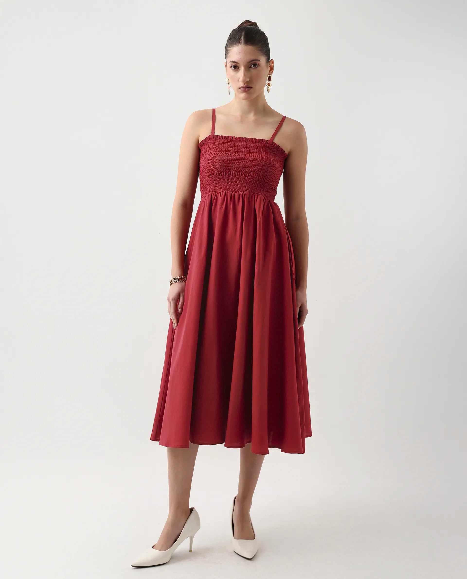 Rareism Women's Jendimo Dark Red Cotton Sleeveless Tube Neck Fit And Flare Fit Plain Midi Dress