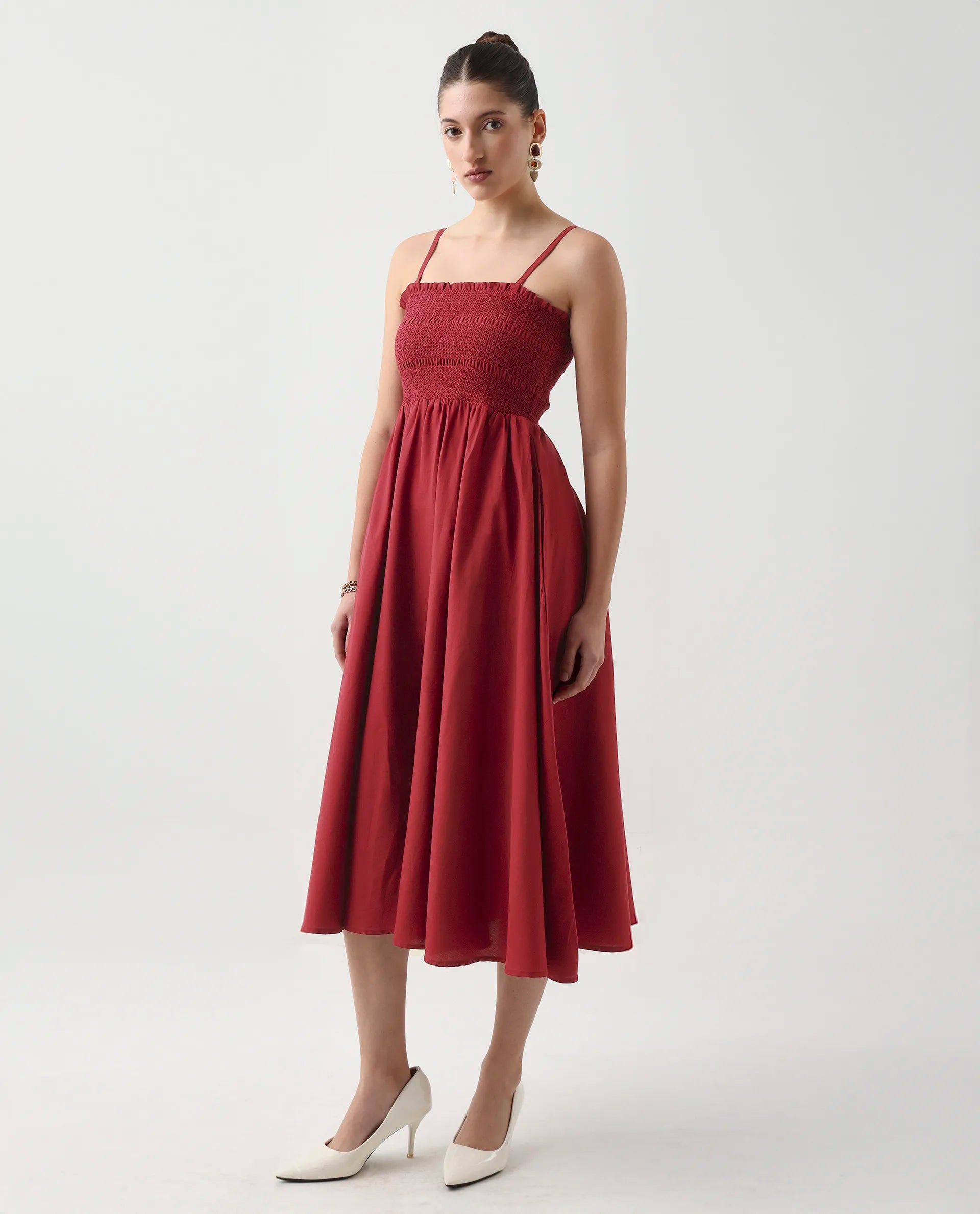 Rareism Women's Jendimo Dark Red Cotton Sleeveless Tube Neck Fit And Flare Fit Plain Midi Dress