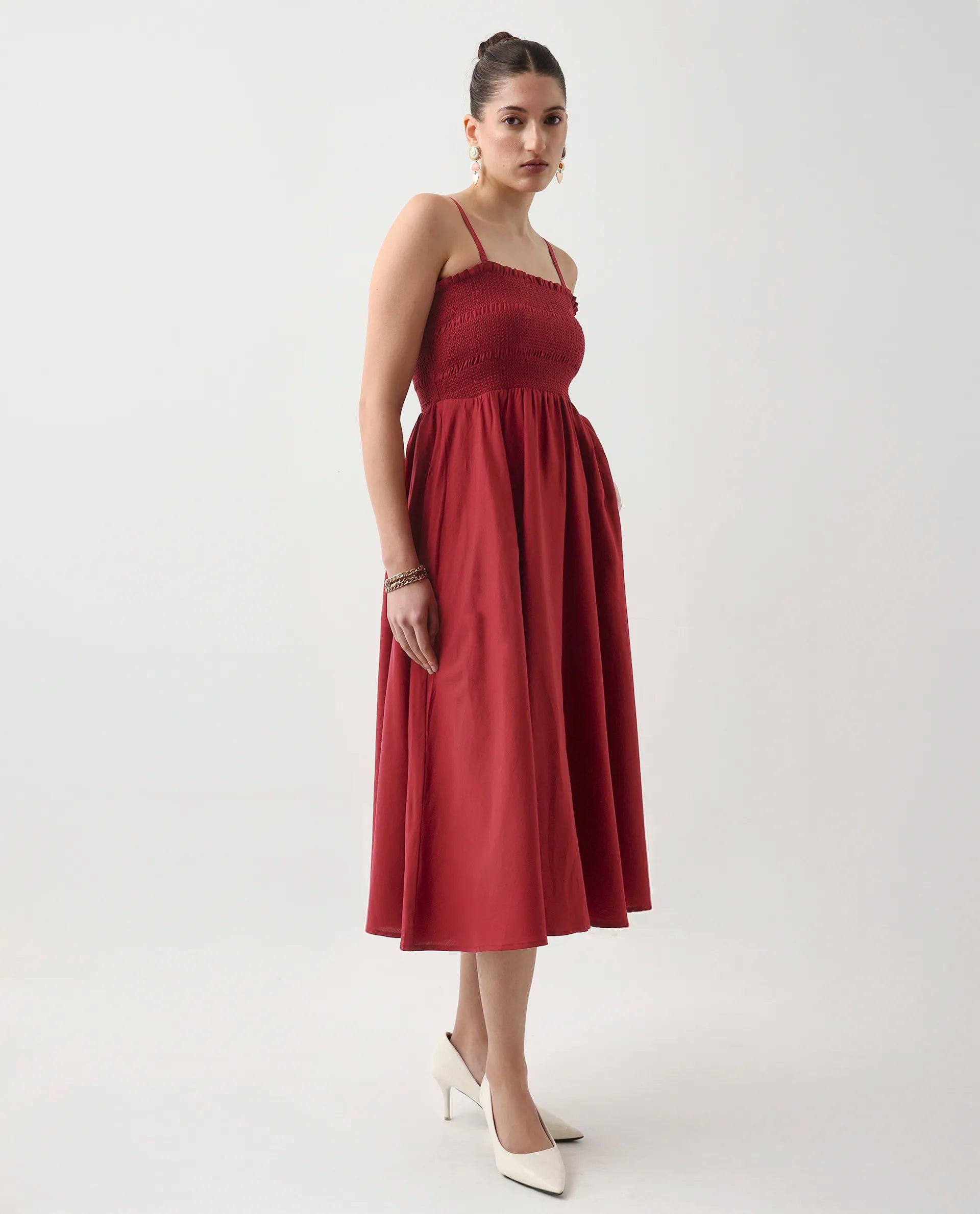 Rareism Women's Jendimo Dark Red Cotton Sleeveless Tube Neck Fit And Flare Fit Plain Midi Dress