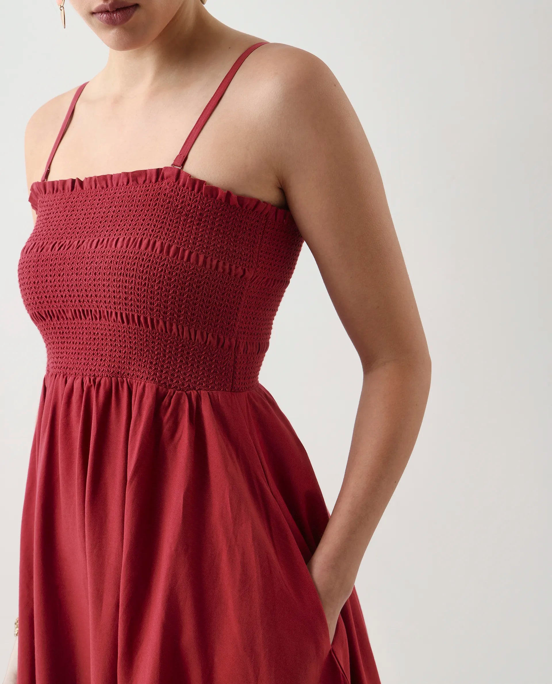 Rareism Women's Jendimo Dark Red Cotton Sleeveless Tube Neck Fit And Flare Fit Plain Midi Dress