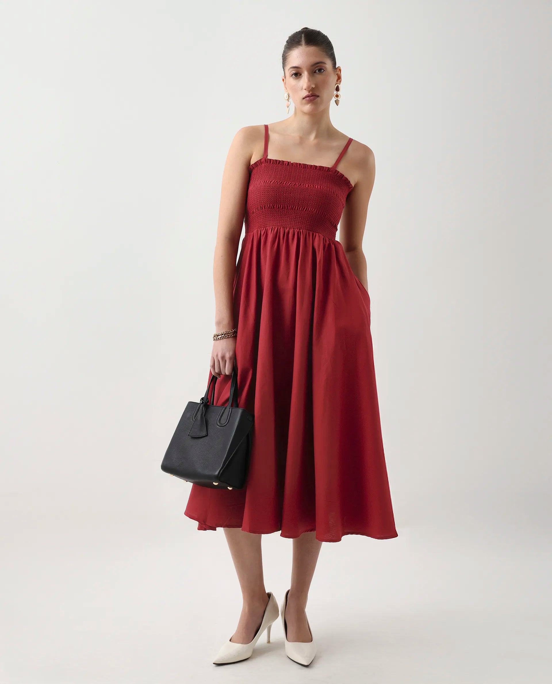 Rareism Women's Jendimo Dark Red Cotton Sleeveless Tube Neck Fit And Flare Fit Plain Midi Dress