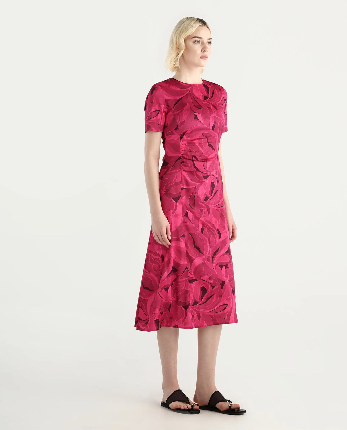 Rareism Women's Jendrop Dark Pink Cotton Fabric High Neck Straight Fit Midi Dress