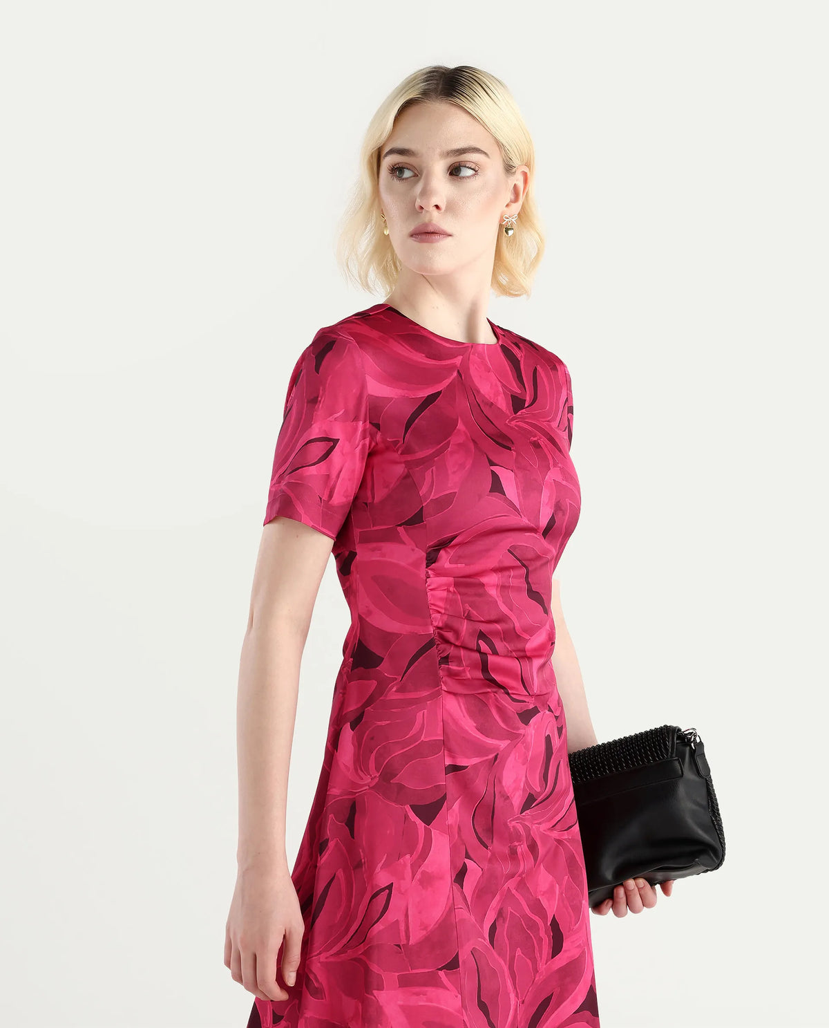 Rareism Women's Jendrop Dark Pink Cotton Fabric High Neck Straight Fit Midi Dress