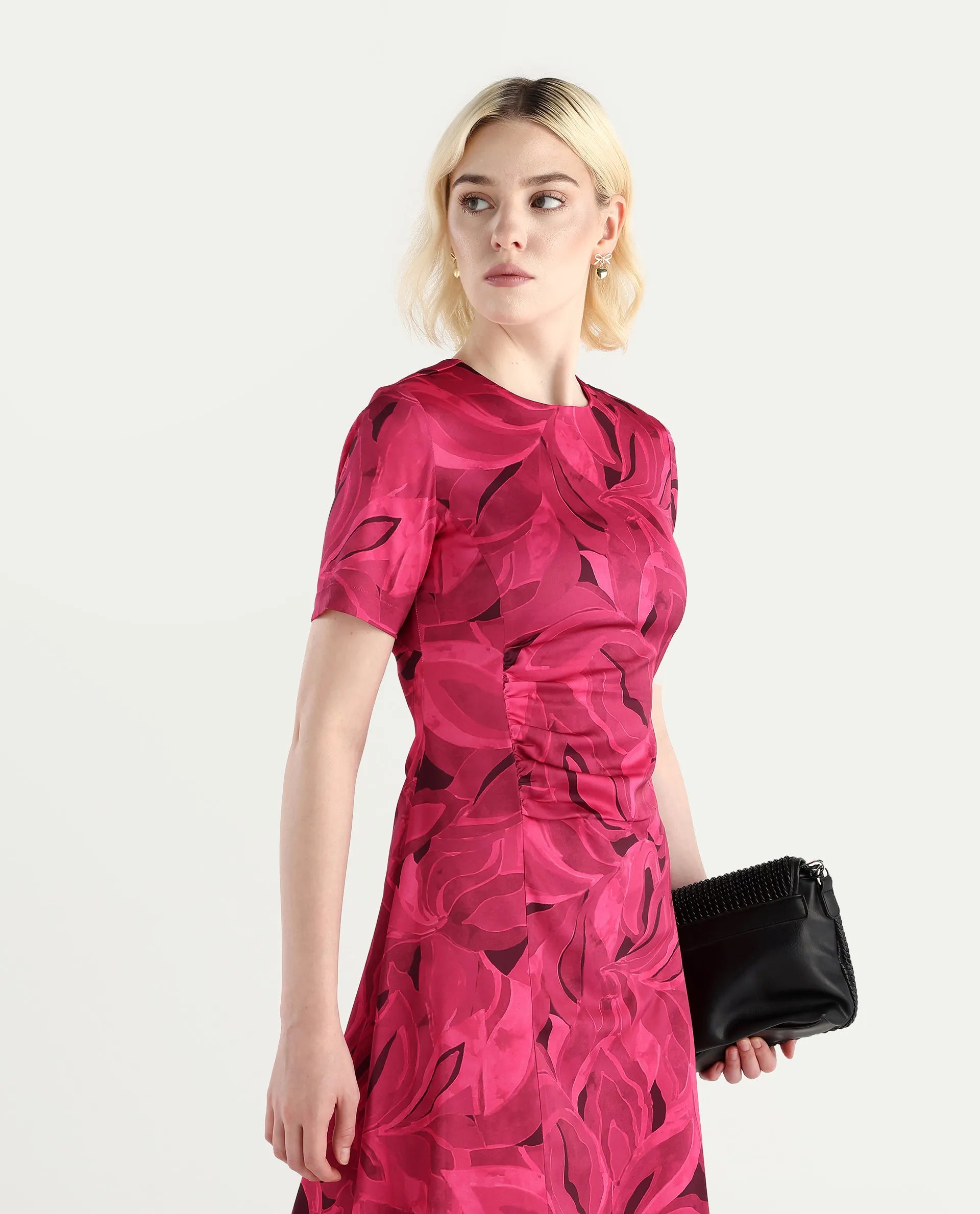 Rareism Women's Jendrop Dark Pink Cotton Fabric High Neck Straight Fit Midi Dress