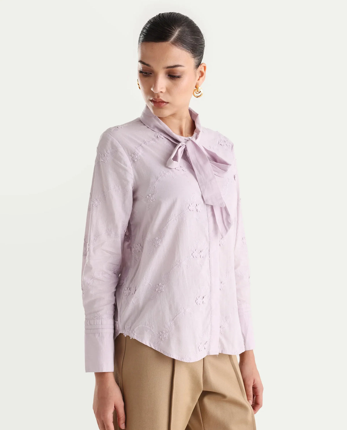 Rareism Women's Jeneiro Pastel Purple Cotton Tie-Up Neck Plain Cuffed Sleeve Regular Fit Shirt
