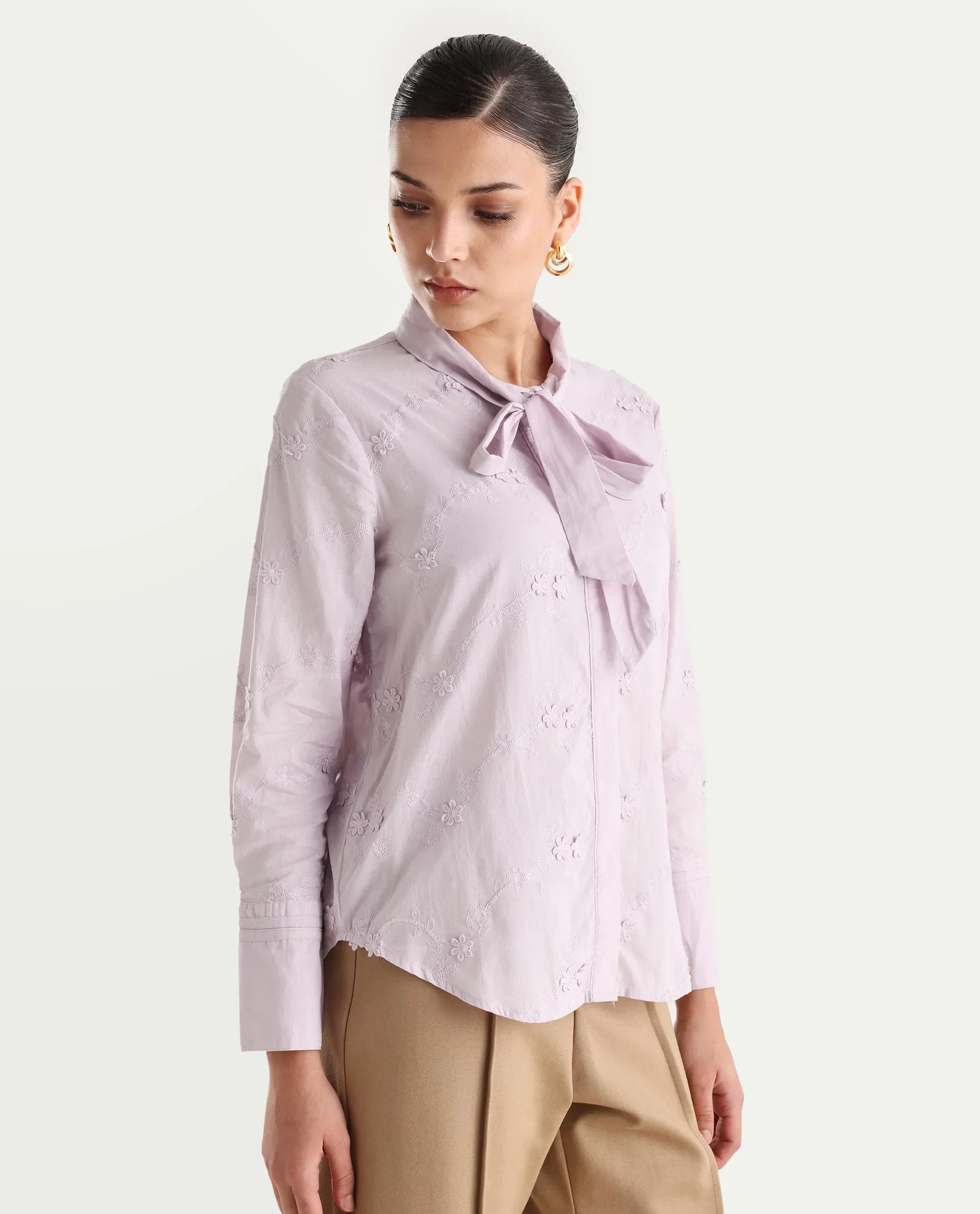 Rareism Women's Jeneiro Pastel Purple Cotton Tie-Up Neck Plain Cuffed Sleeve Regular Fit Shirt