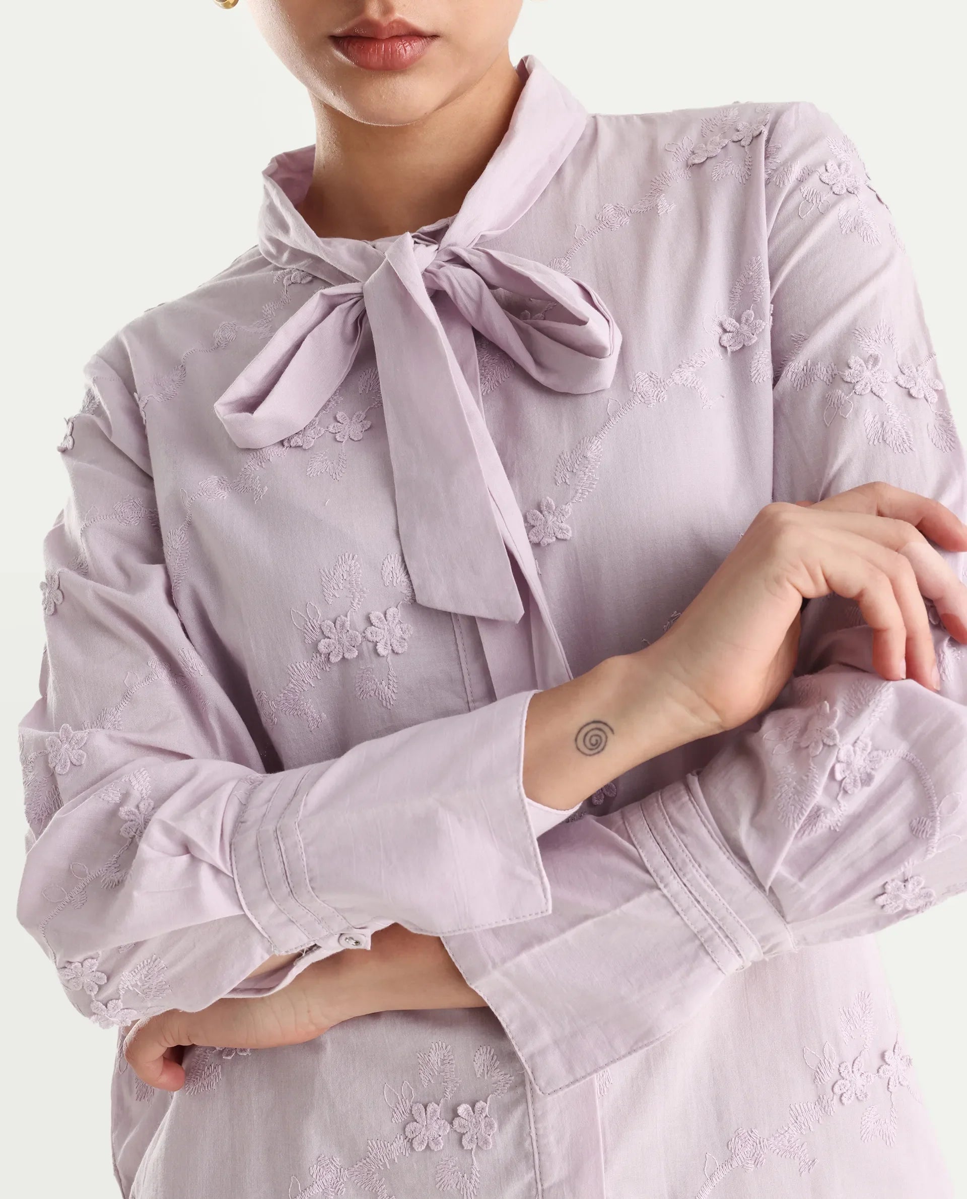 Rareism Women's Jeneiro Pastel Purple Cotton Tie-Up Neck Plain Cuffed Sleeve Regular Fit Shirt