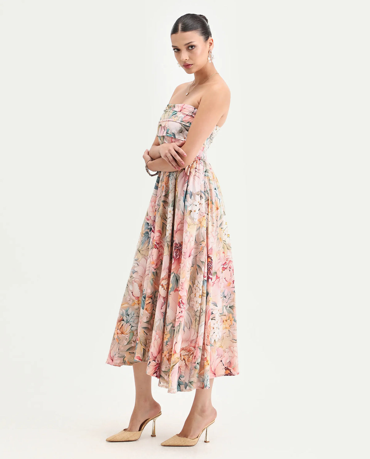 Rareism Women's Jenit Light Viscose Tube Neck Fit And Flare Printed Midi Dress