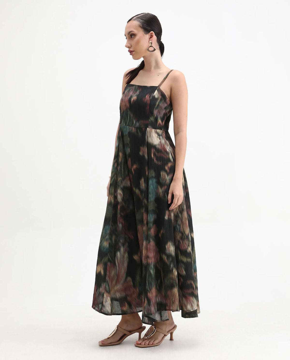 Rareism Women's Jenito Black Polyester Tube Neck Fit And Flare Printed Midi Dress