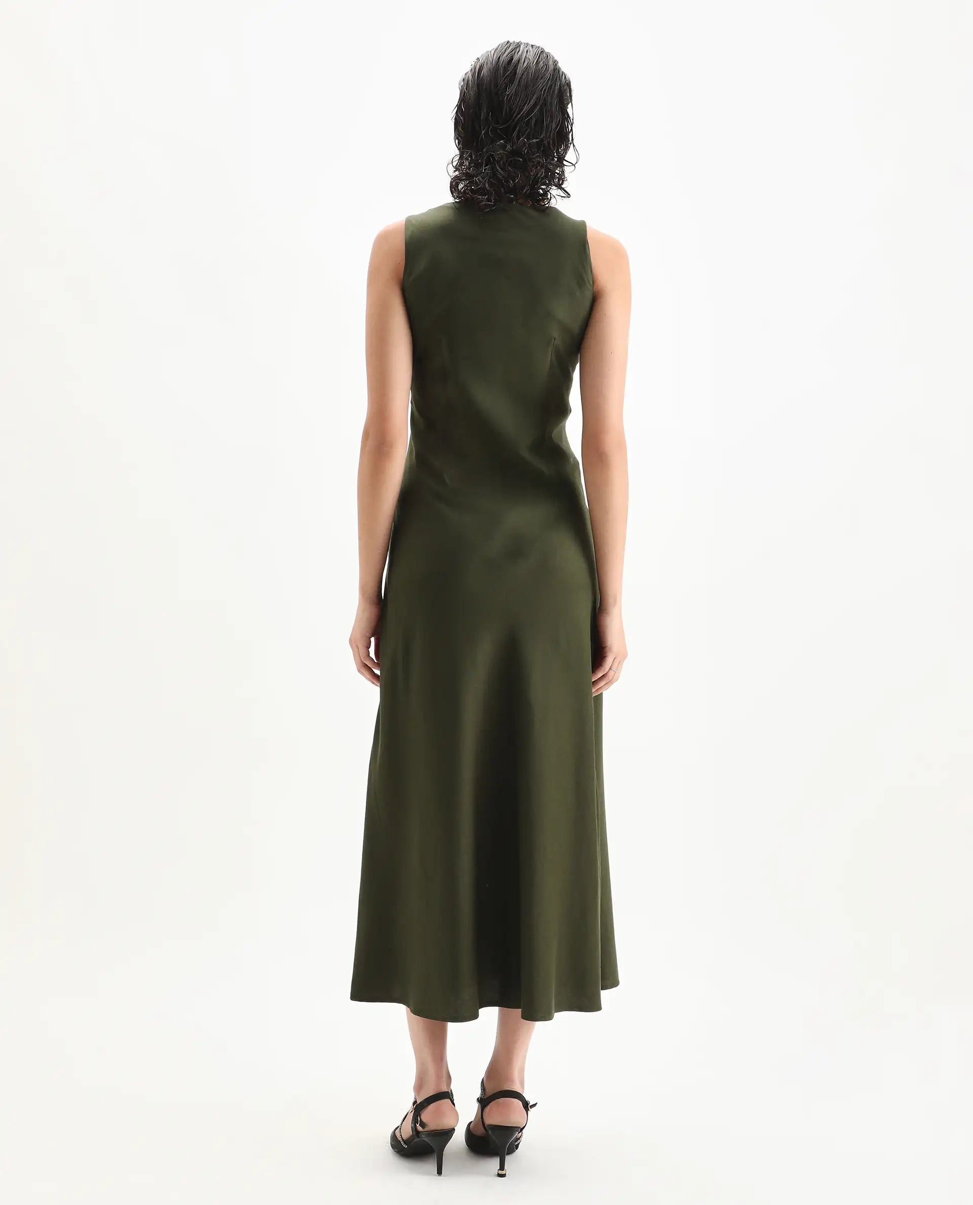 Rareism Women's Jenket Olive Cotton Blend Cowl Fit And Flare Plain Midi Dress