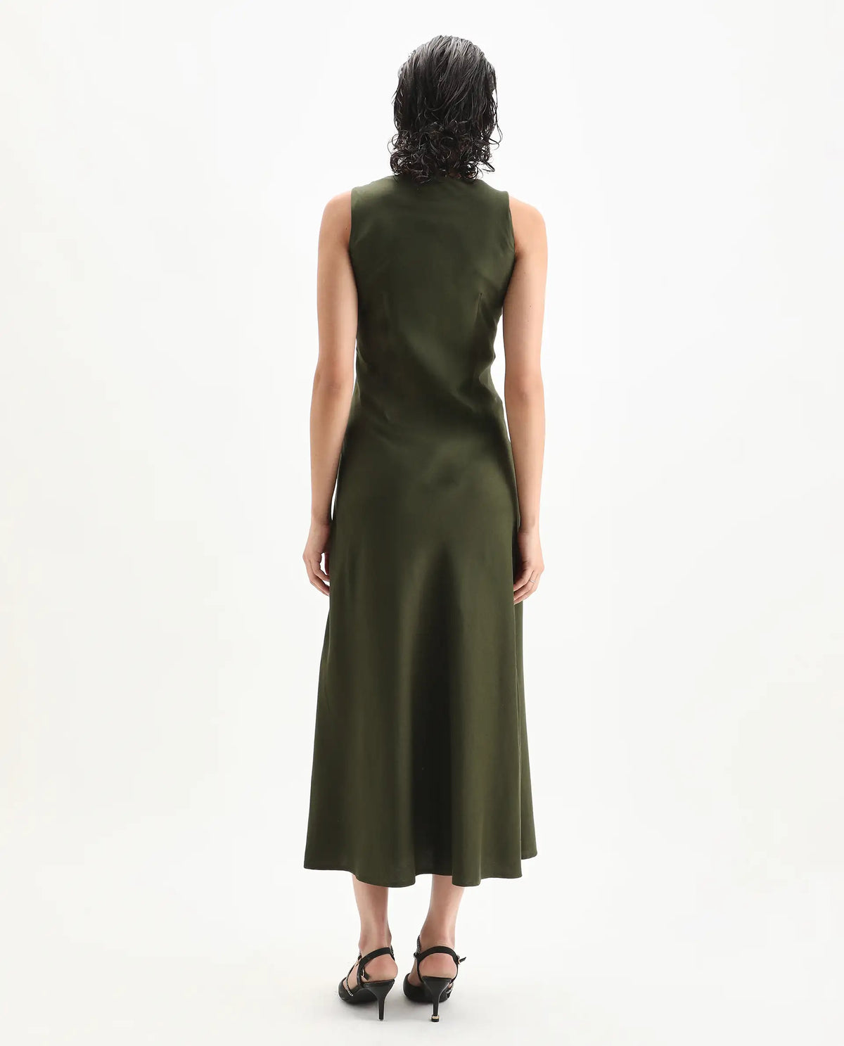 Rareism Women's Jenket Olive Cotton Blend Cowl Fit And Flare Plain Midi Dress