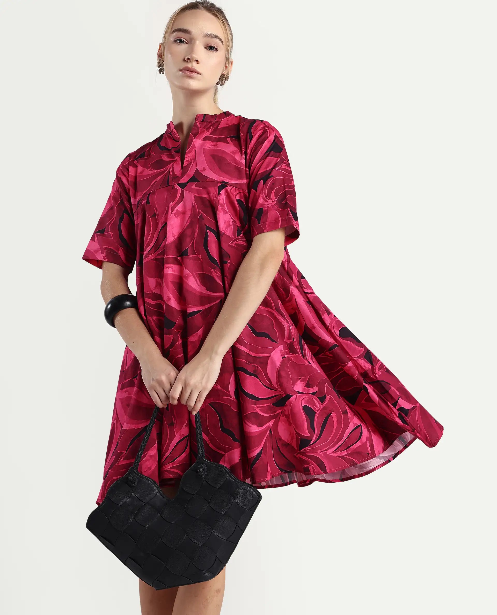 Rareism Women Jenleop Dark Pink Regular Sleeves Mandarin Collar Flared Mini Printed Dress