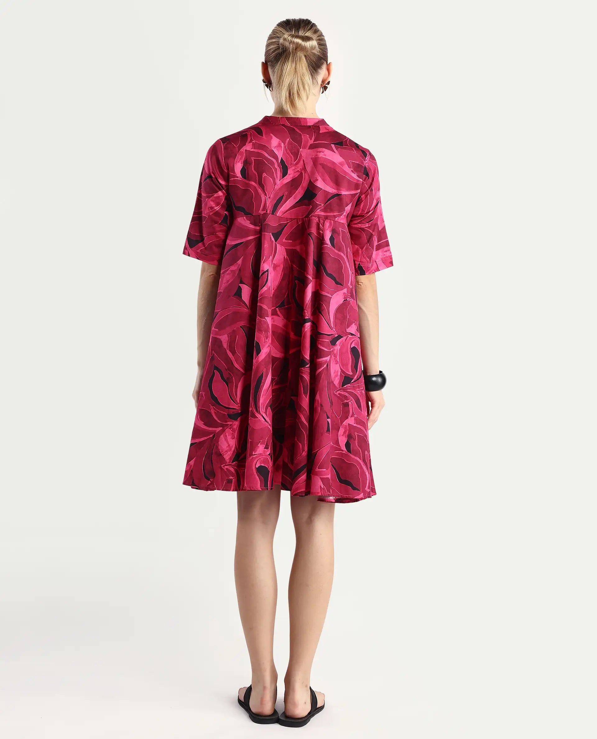 Rareism Women Jenleop Dark Pink Regular Sleeves Mandarin Collar Flared Mini Printed Dress