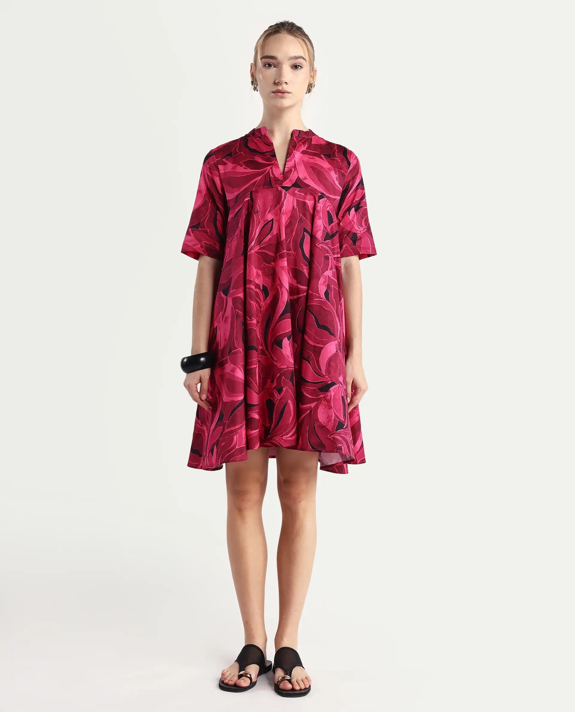 Rareism Women Jenleop Dark Pink Regular Sleeves Mandarin Collar Flared Mini Printed Dress