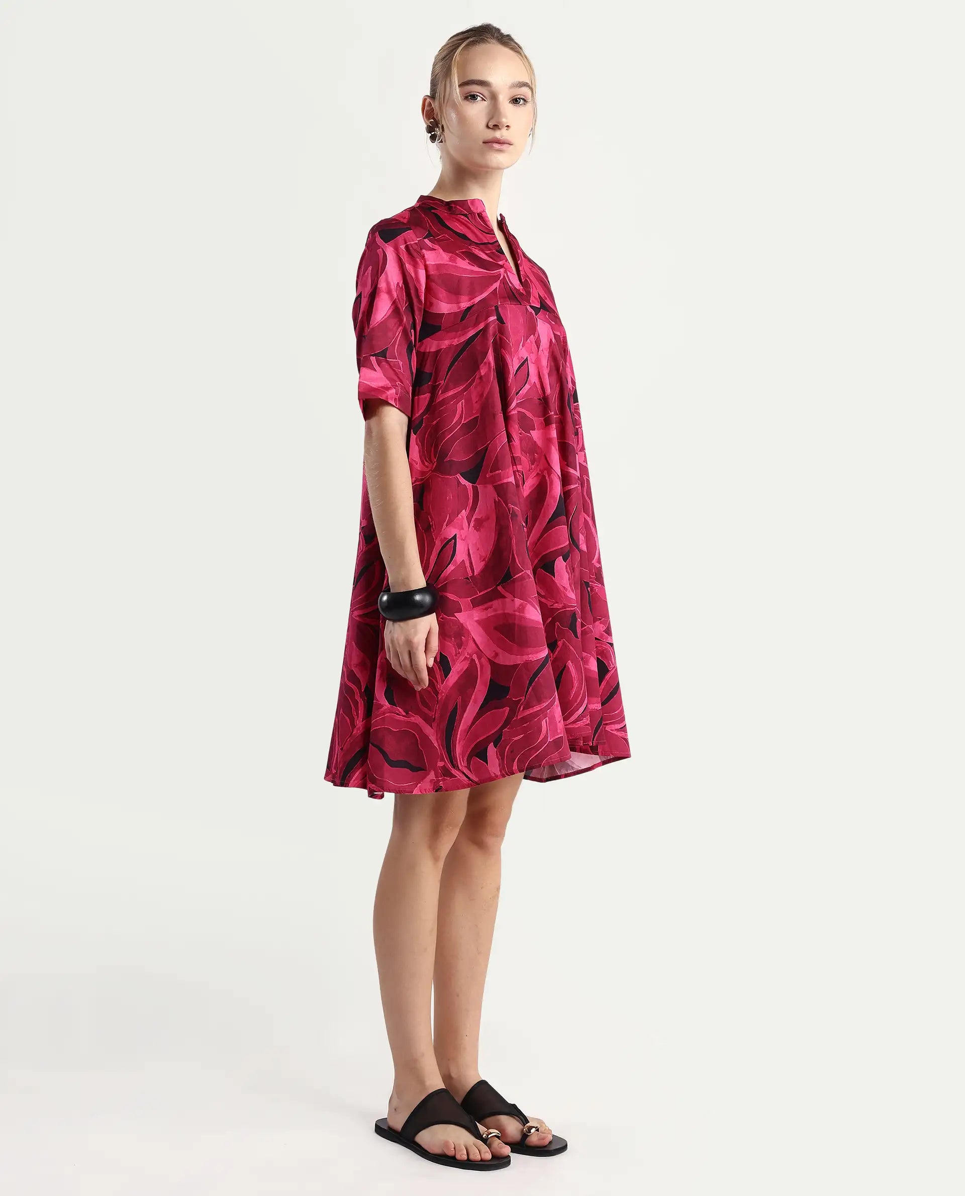 Rareism Women Jenleop Dark Pink Regular Sleeves Mandarin Collar Flared Mini Printed Dress