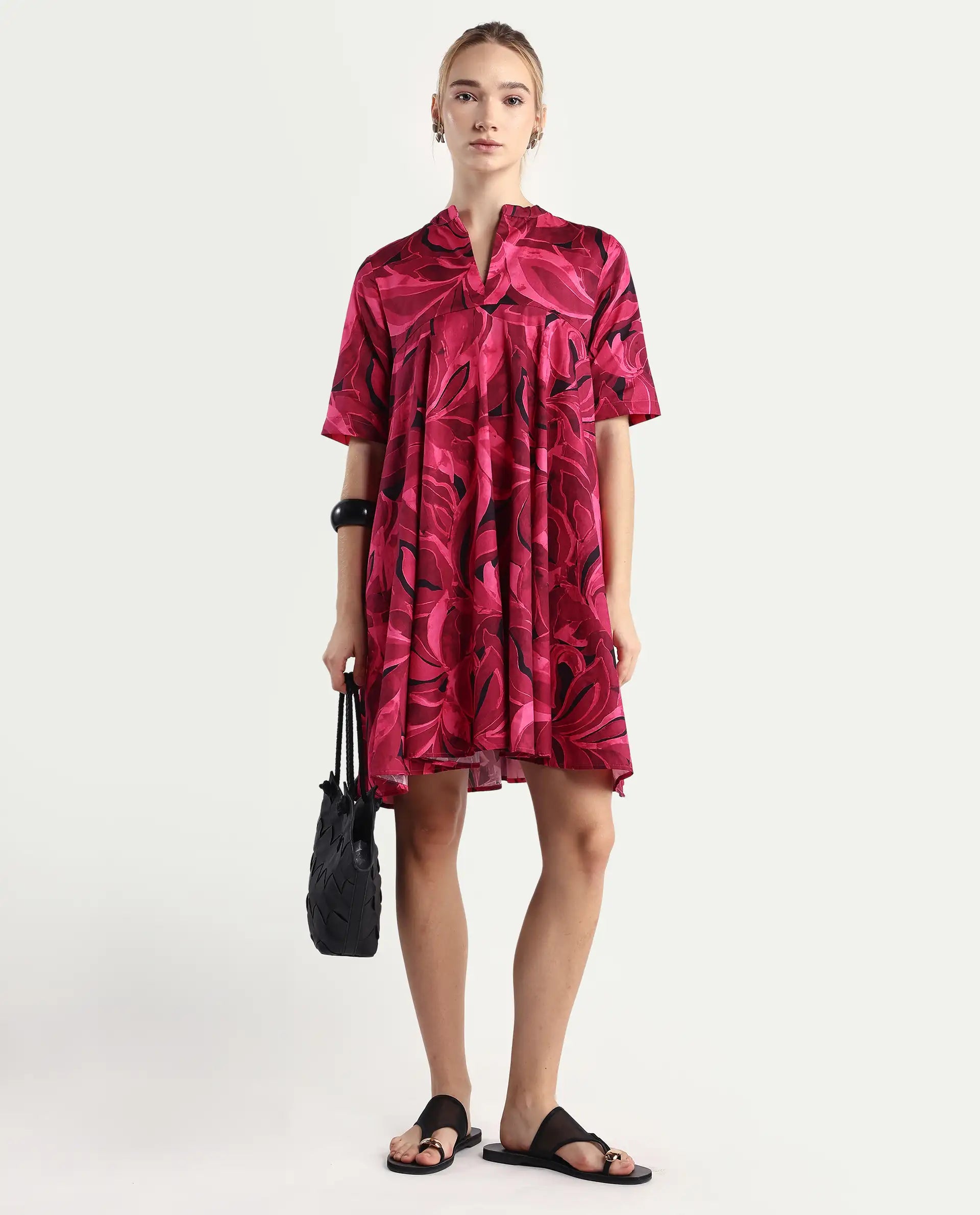 Rareism Women Jenleop Dark Pink Regular Sleeves Mandarin Collar Flared Mini Printed Dress