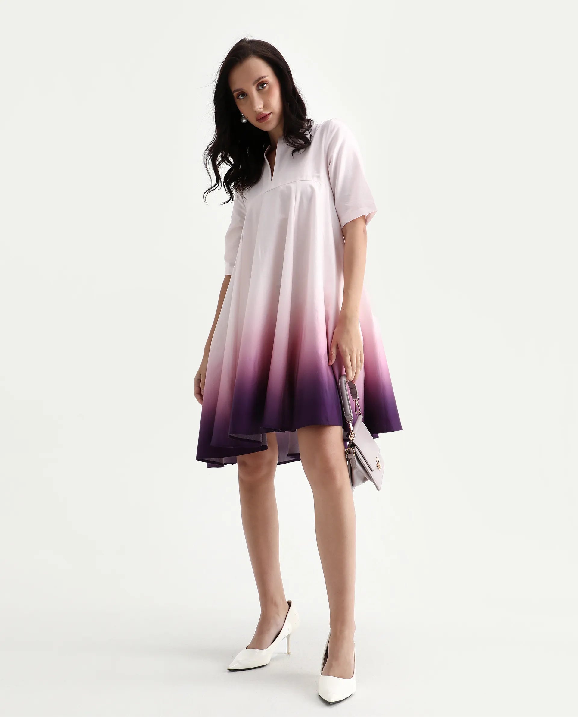Rareism Women's Jenleo Purple Cotton Mandarin Collar Flared Printed Dress