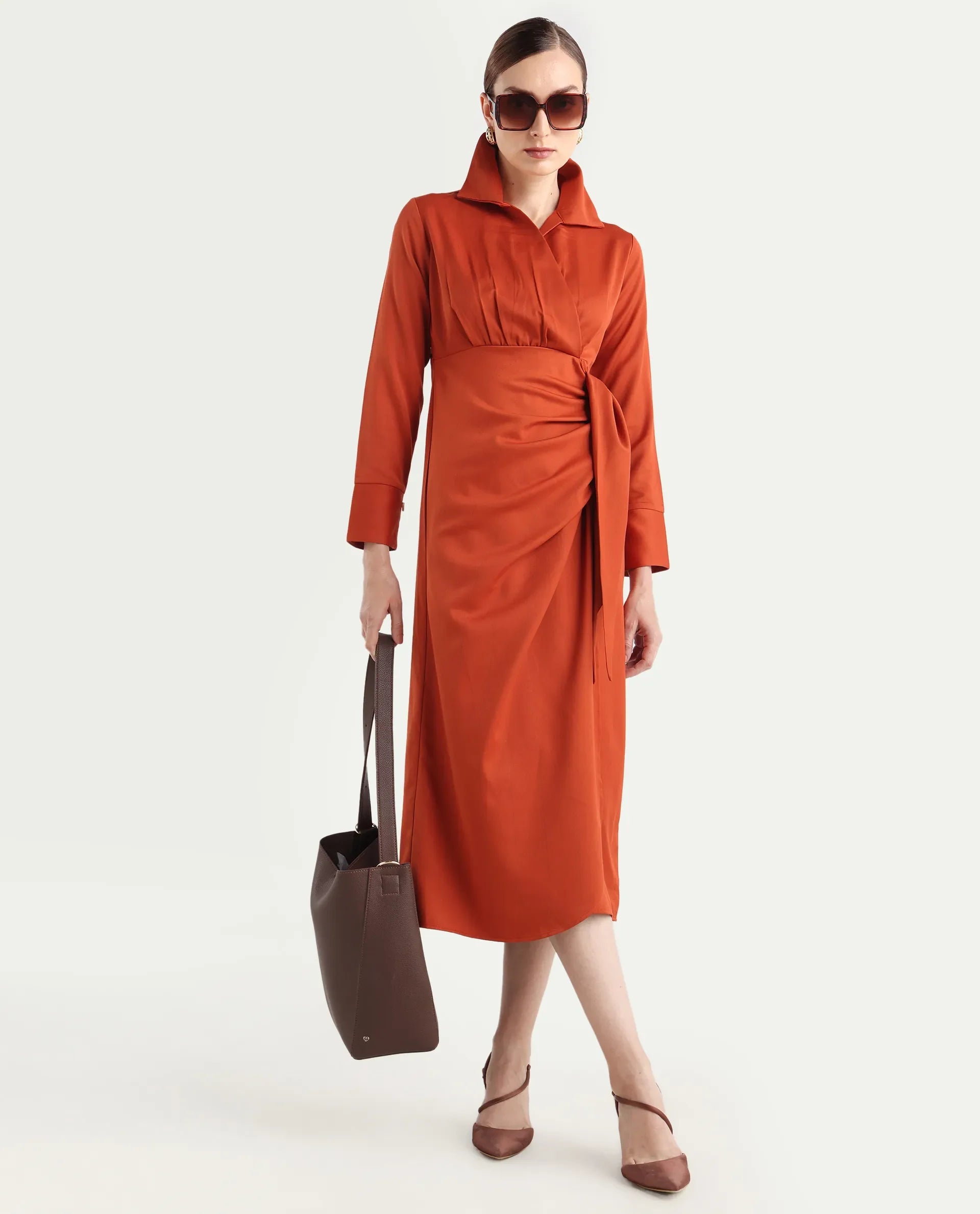 Rareism Women's Jenlin Rust Polyester Blend Full Sleeve Jonny Collar Straight Fit Dress
