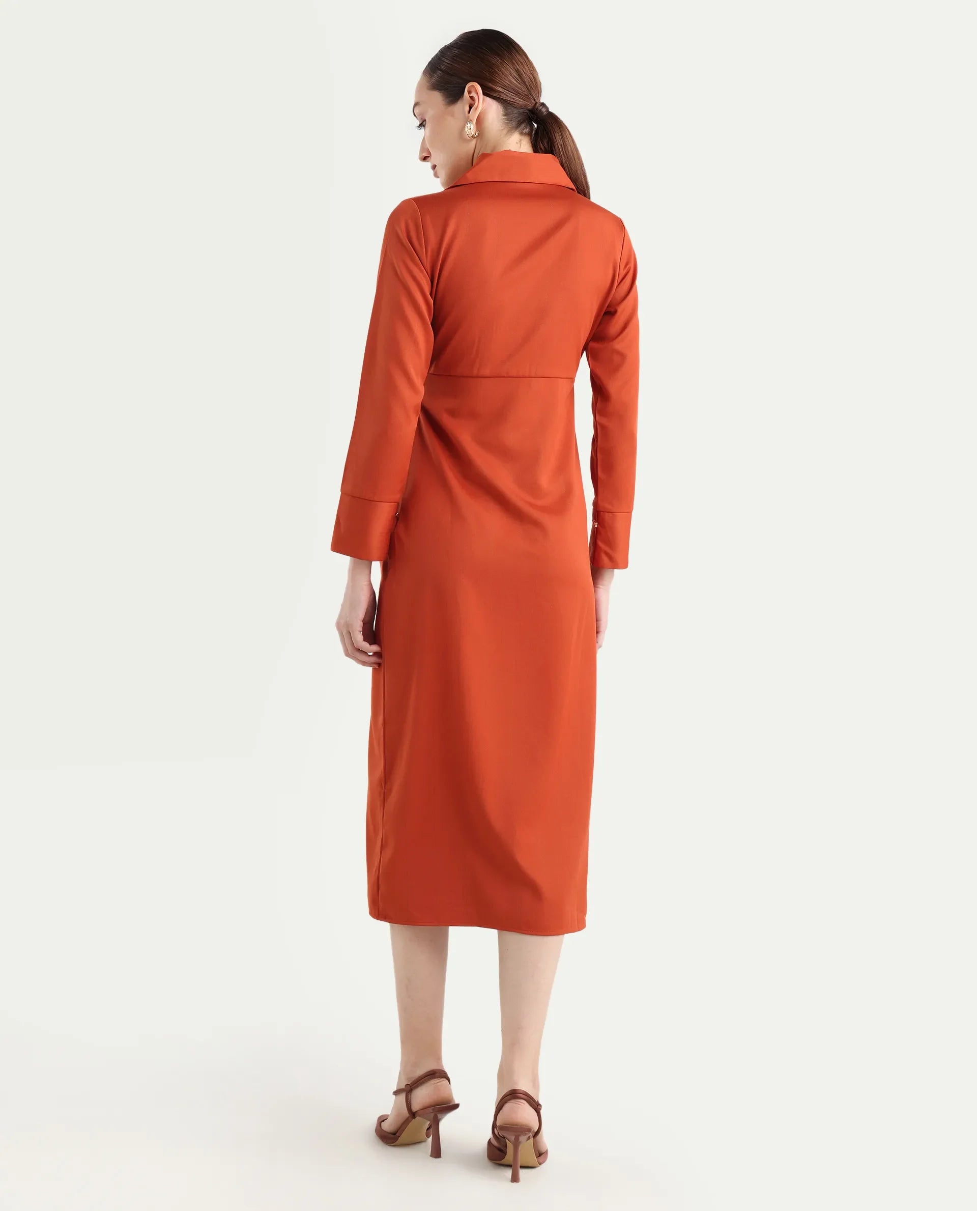 Rareism Women's Jenlin Rust Polyester Blend Full Sleeve Jonny Collar Straight Fit Dress