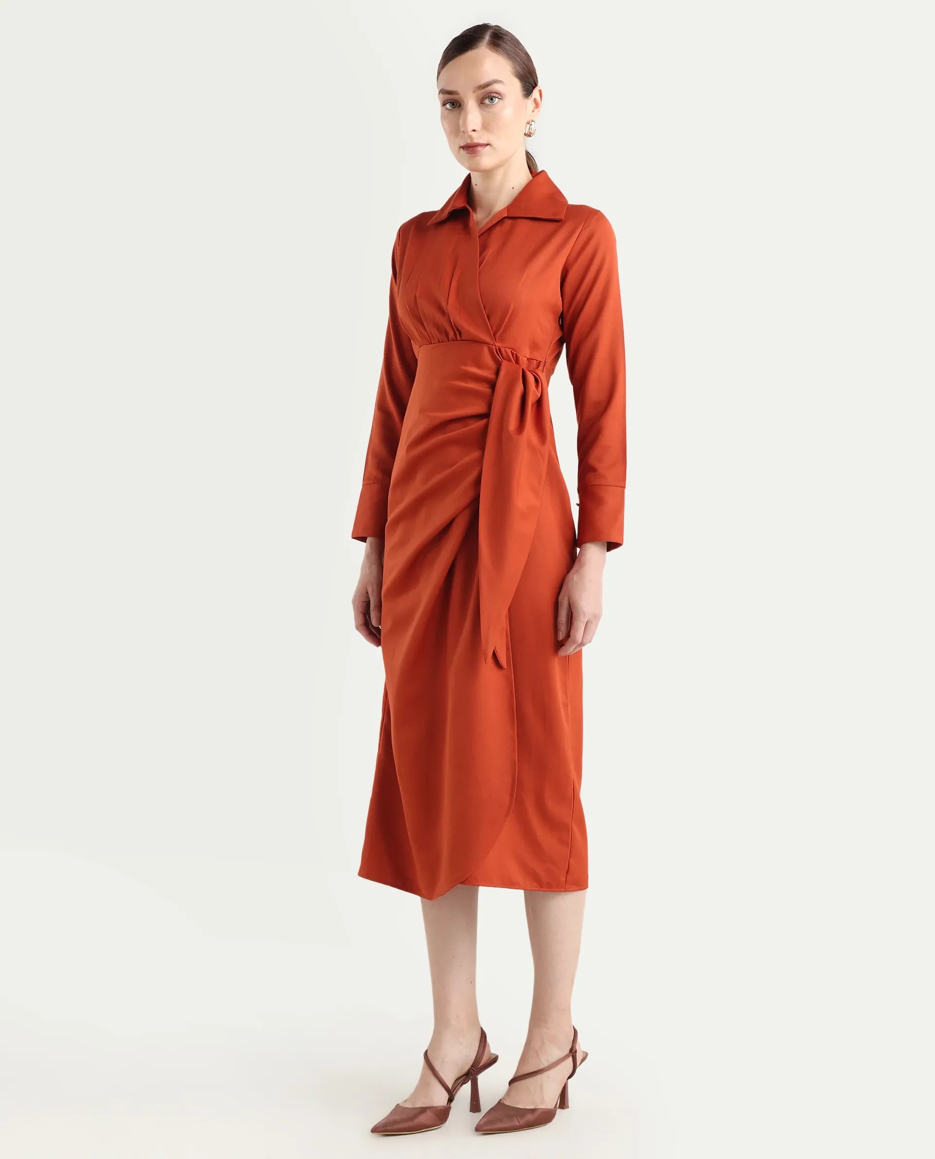 Rareism Women's Jenlin Rust Polyester Blend Full Sleeve Jonny Collar Straight Fit Dress