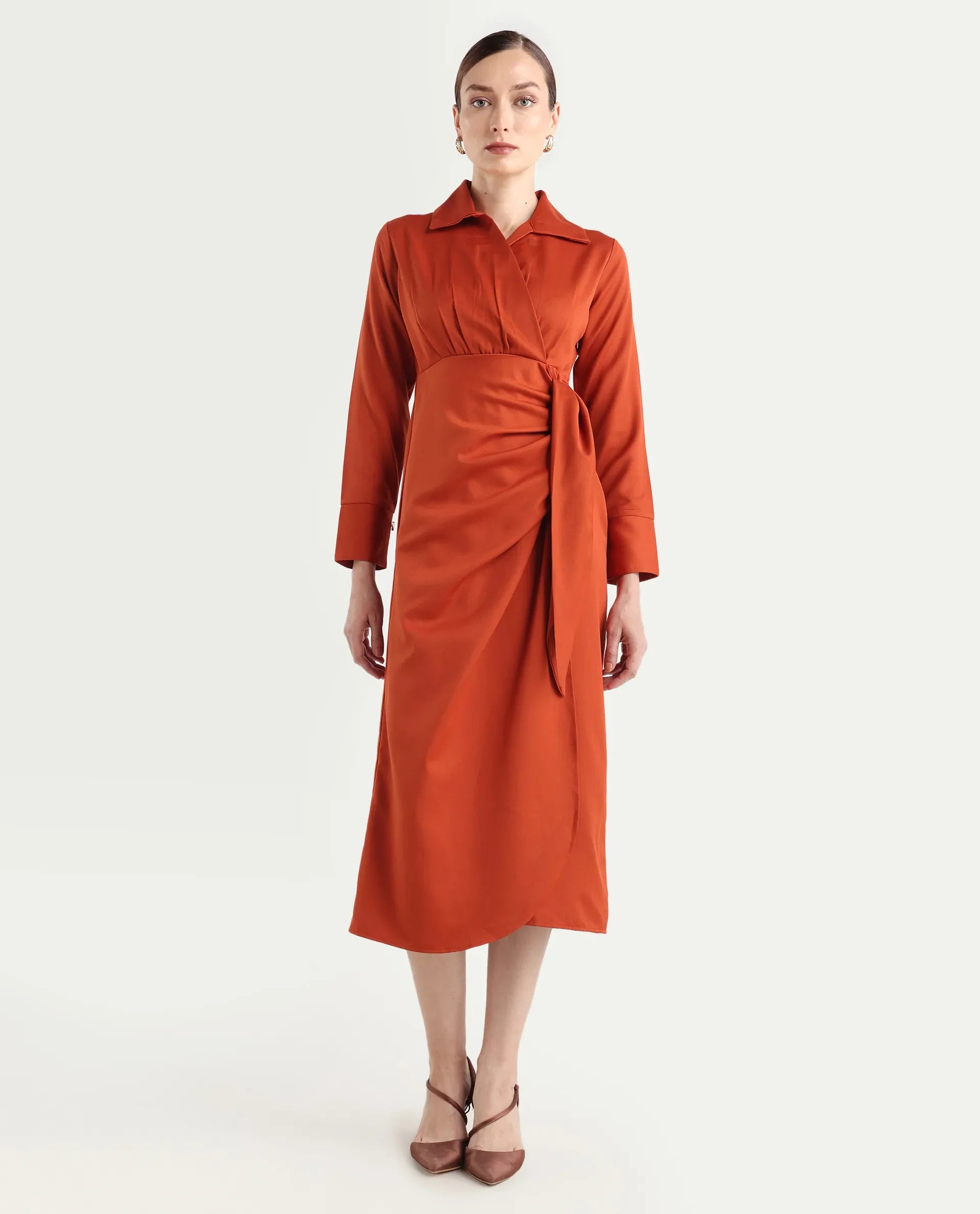 Rareism Women's Jenlin Rust Polyester Blend Full Sleeve Jonny Collar Straight Fit Dress