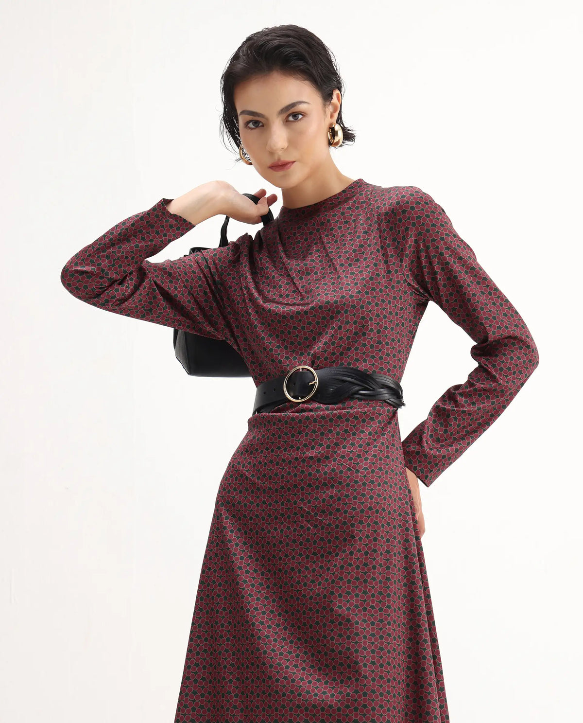 Rareism Women's Jenlio Dark Green Polyester High Neck Fitted Geometric Print Midi Dress