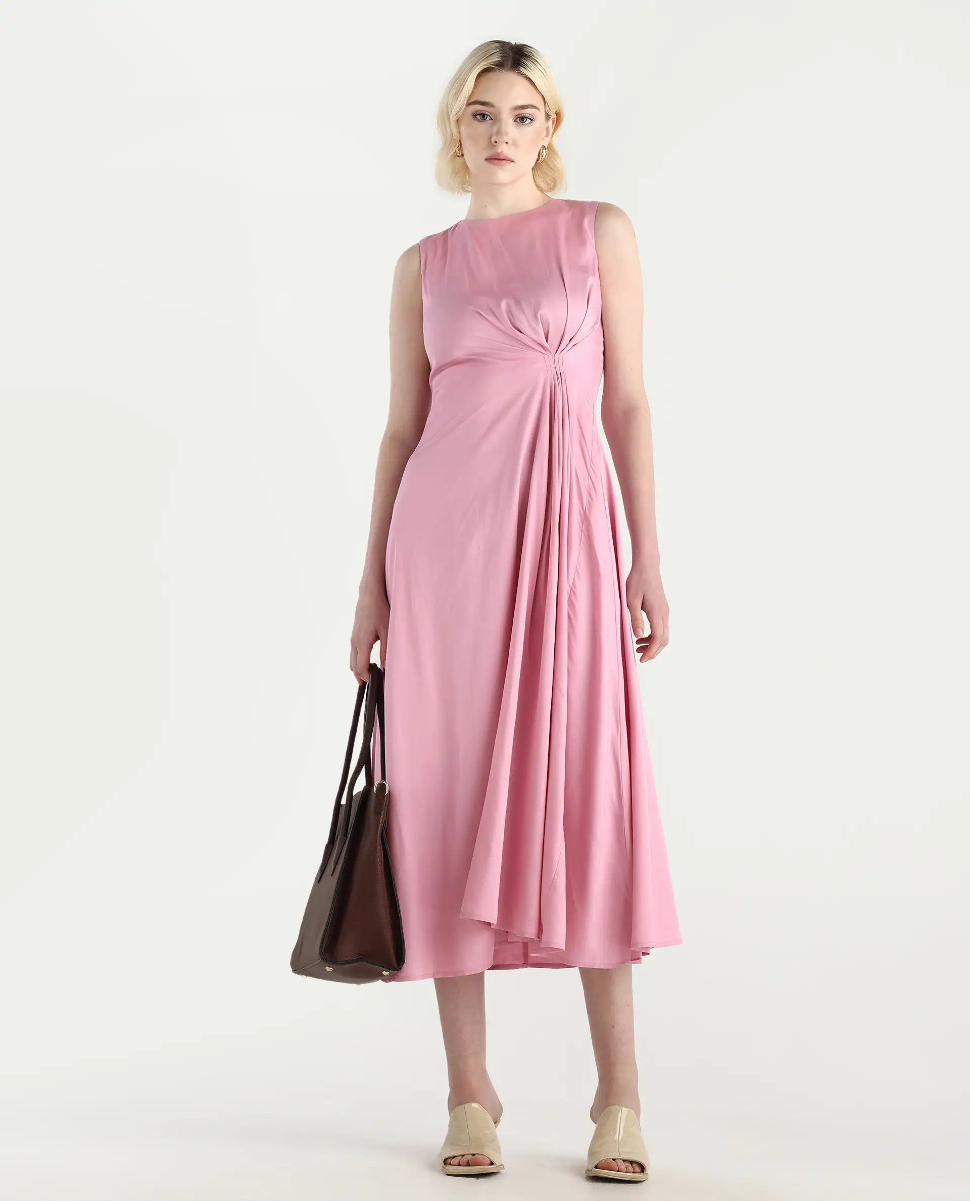 Rareism Women's Jensero Pink Dusky Cotton Blend Sleeveless Round Neck Fit And Flare Fit Plain Dress