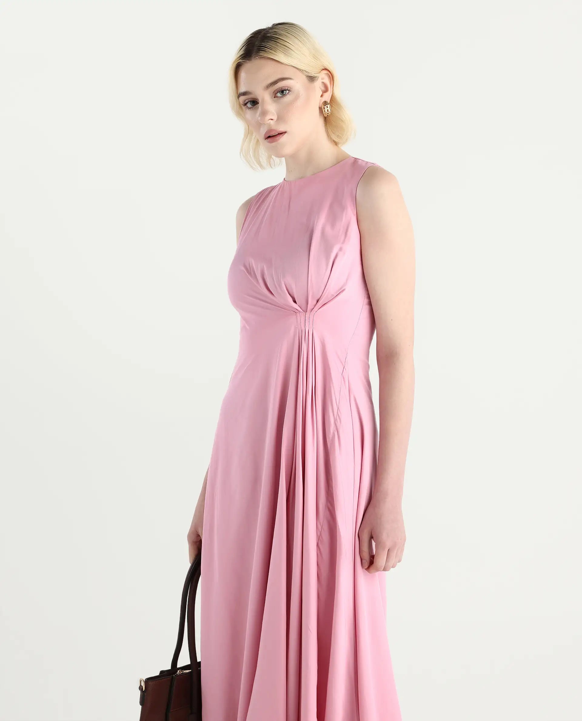 Rareism Women's Jensero Pink Dusky Cotton Blend Sleeveless Round Neck Fit And Flare Fit Plain Dress