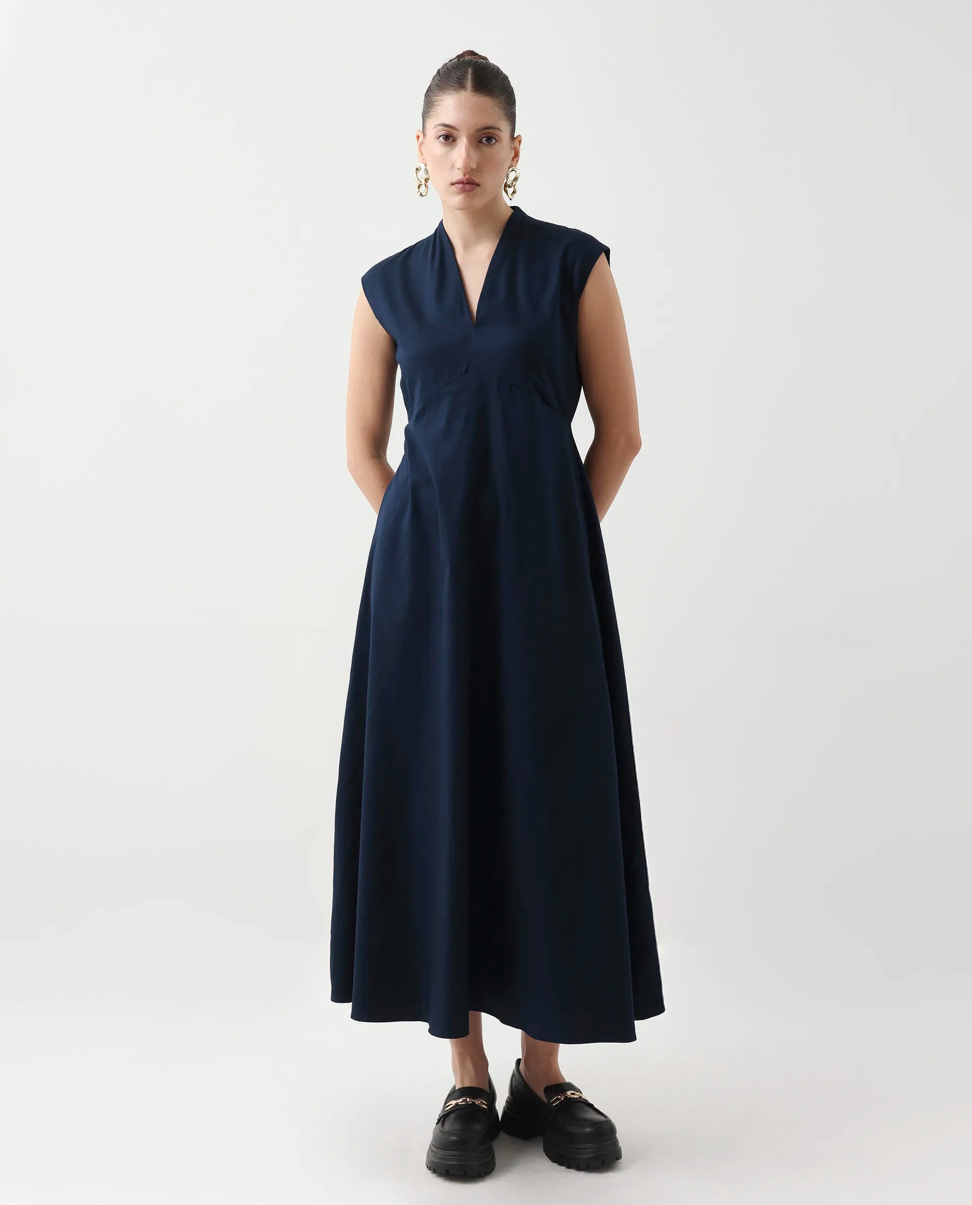 Rareism Women's Jenshi Navy Cotton V-Neck Fit And Flare Plain Dress