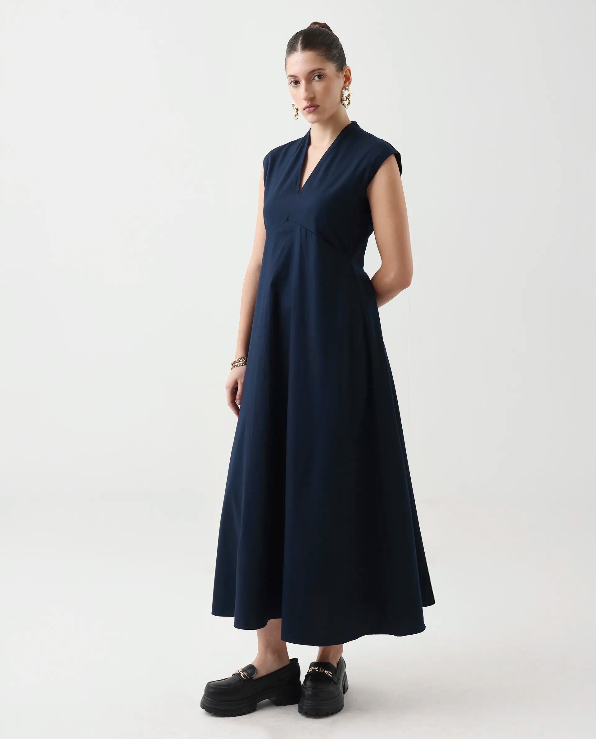 Rareism Women's Jenshi Navy Cotton V-Neck Fit And Flare Plain Dress