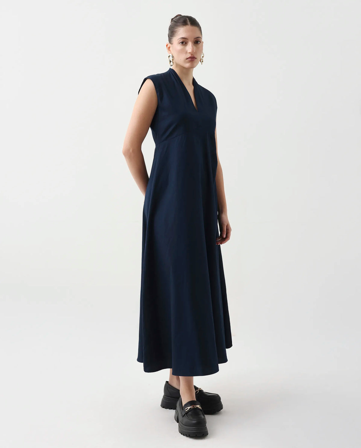 Rareism Women's Jenshi Navy Cotton V-Neck Fit And Flare Plain Dress