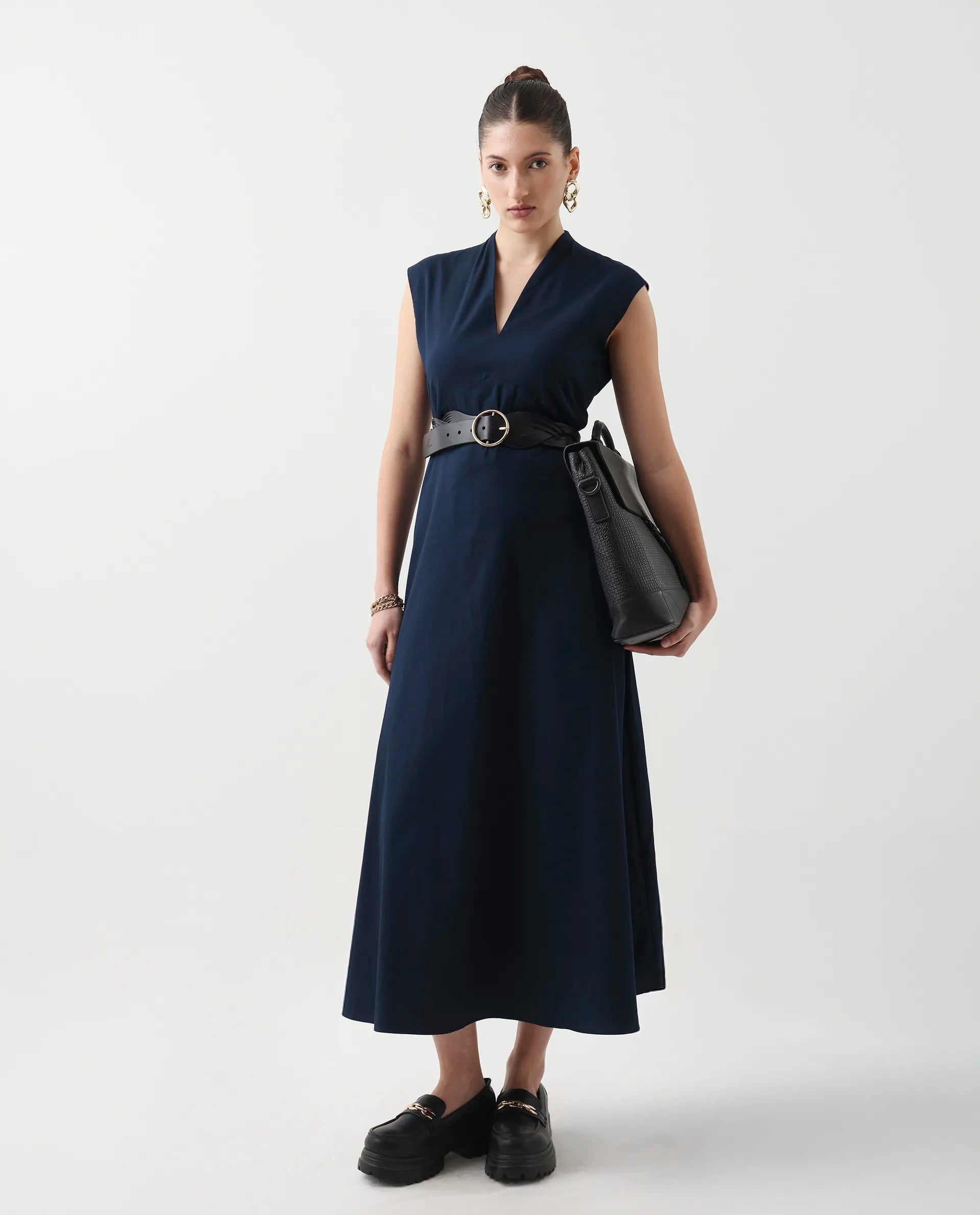 Rareism Women's Jenshi Navy Cotton V-Neck Fit And Flare Plain Dress