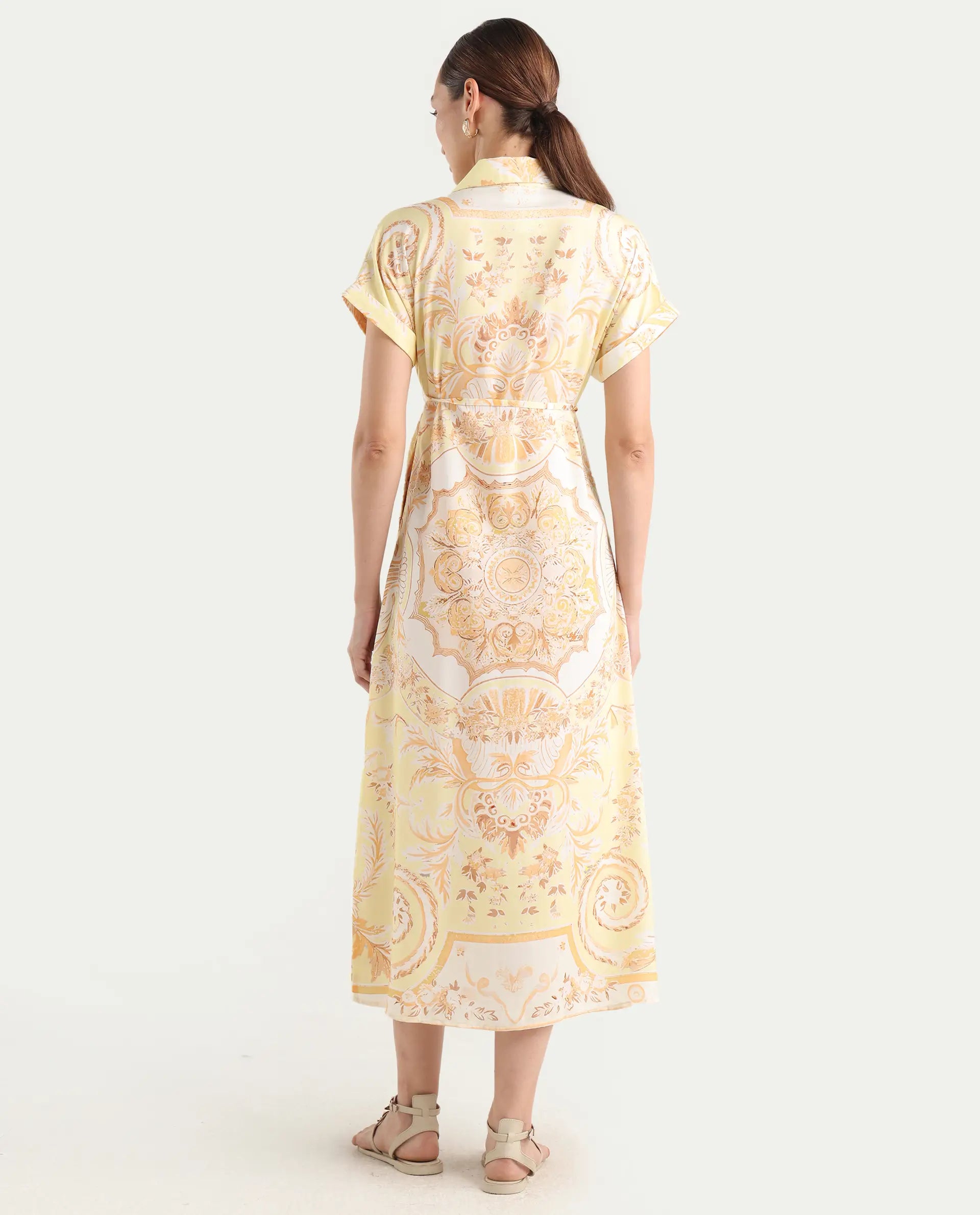 Rareism Women Jenson Yellow Lapel Neck Button Closure A-Line Maxi Printed Dress