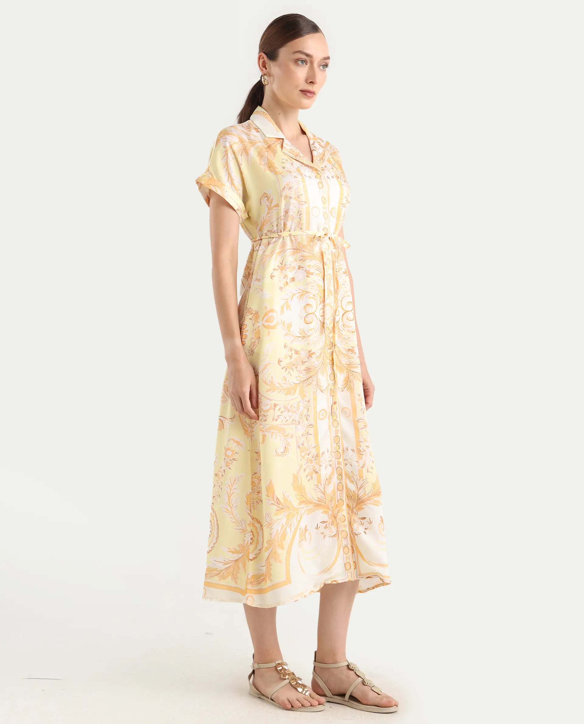 Rareism Women Jenson Yellow Lapel Neck Button Closure A-Line Maxi Printed Dress