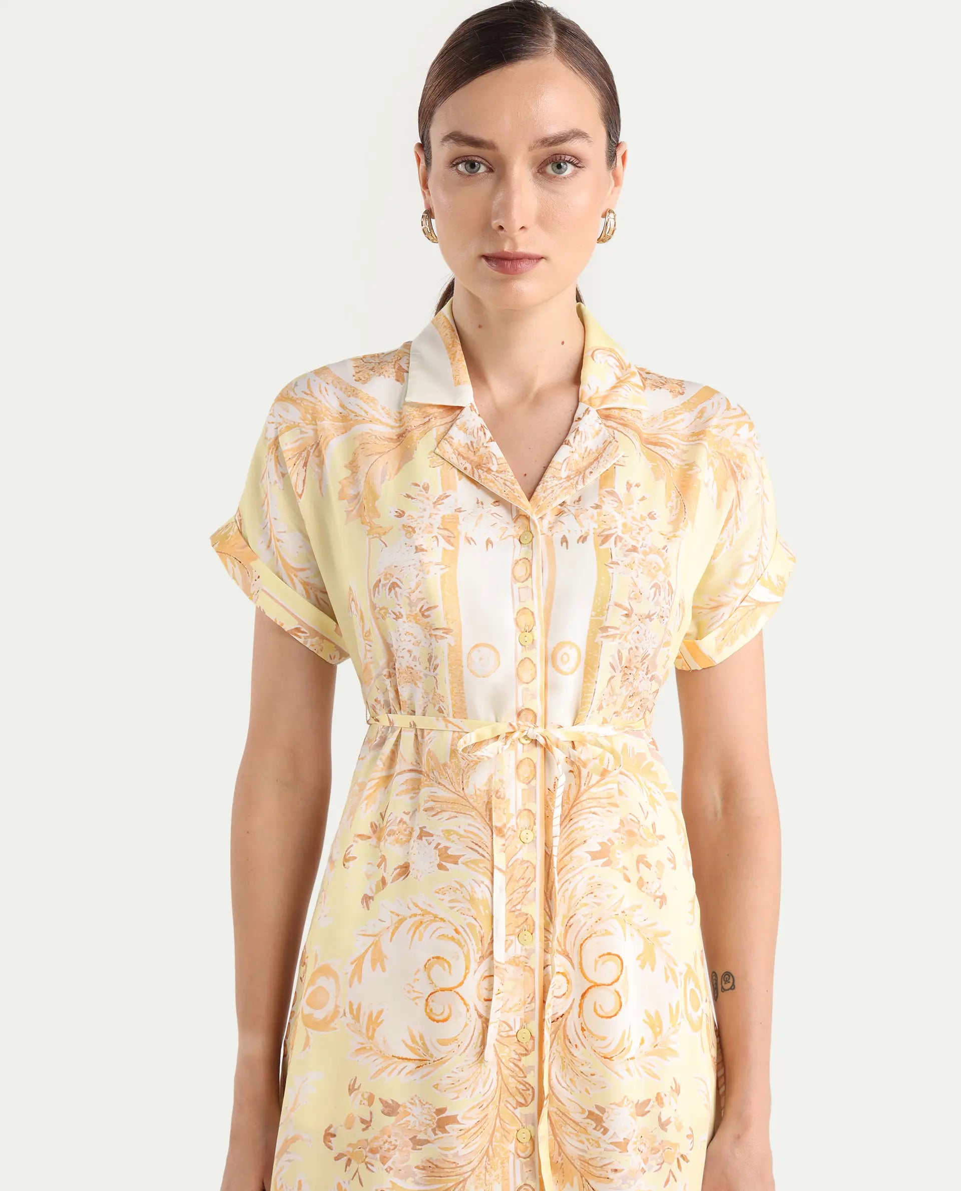 Rareism Women Jenson Yellow Lapel Neck Button Closure A-Line Maxi Printed Dress