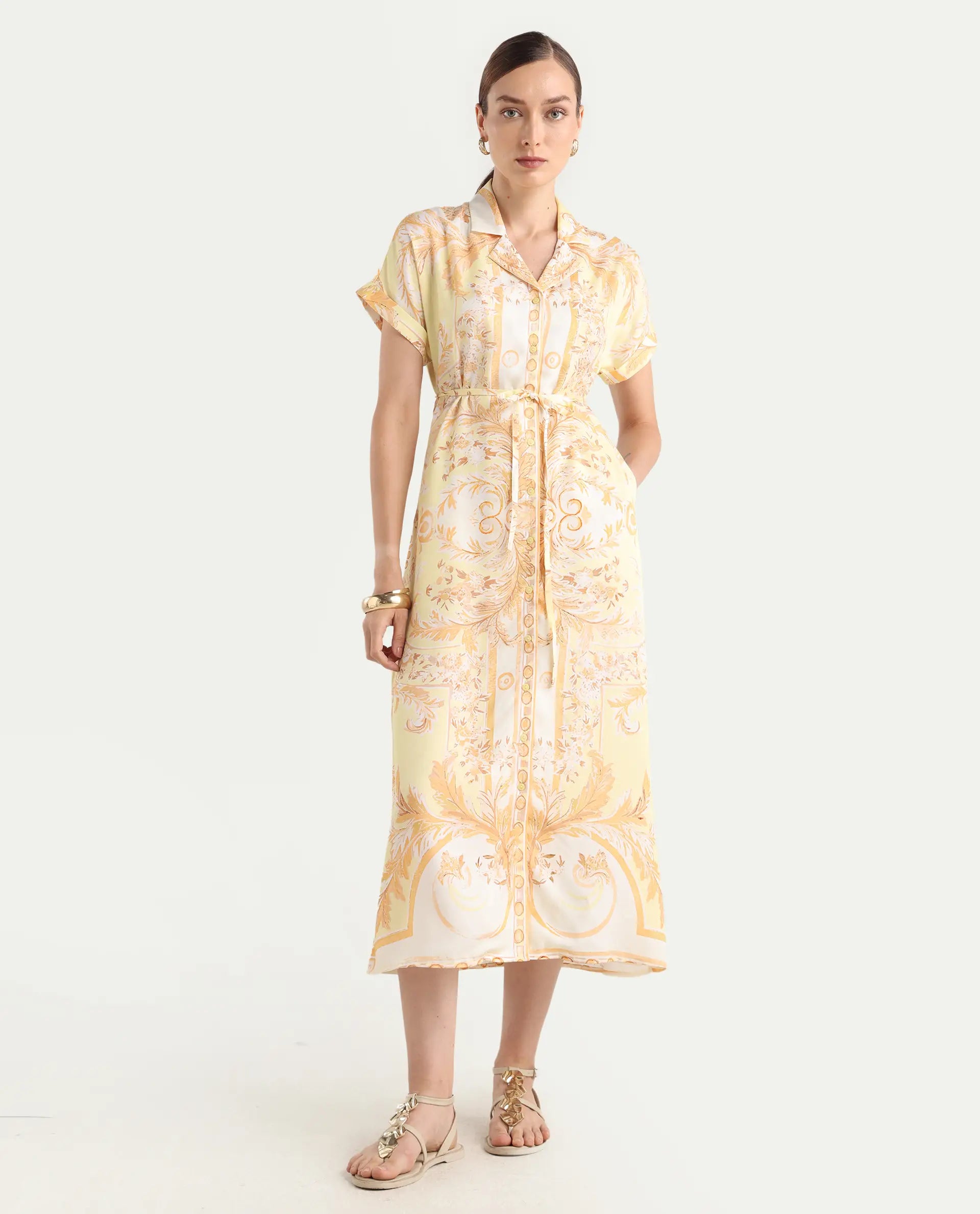 Rareism Women Jenson Yellow Lapel Neck Button Closure A-Line Maxi Printed Dress