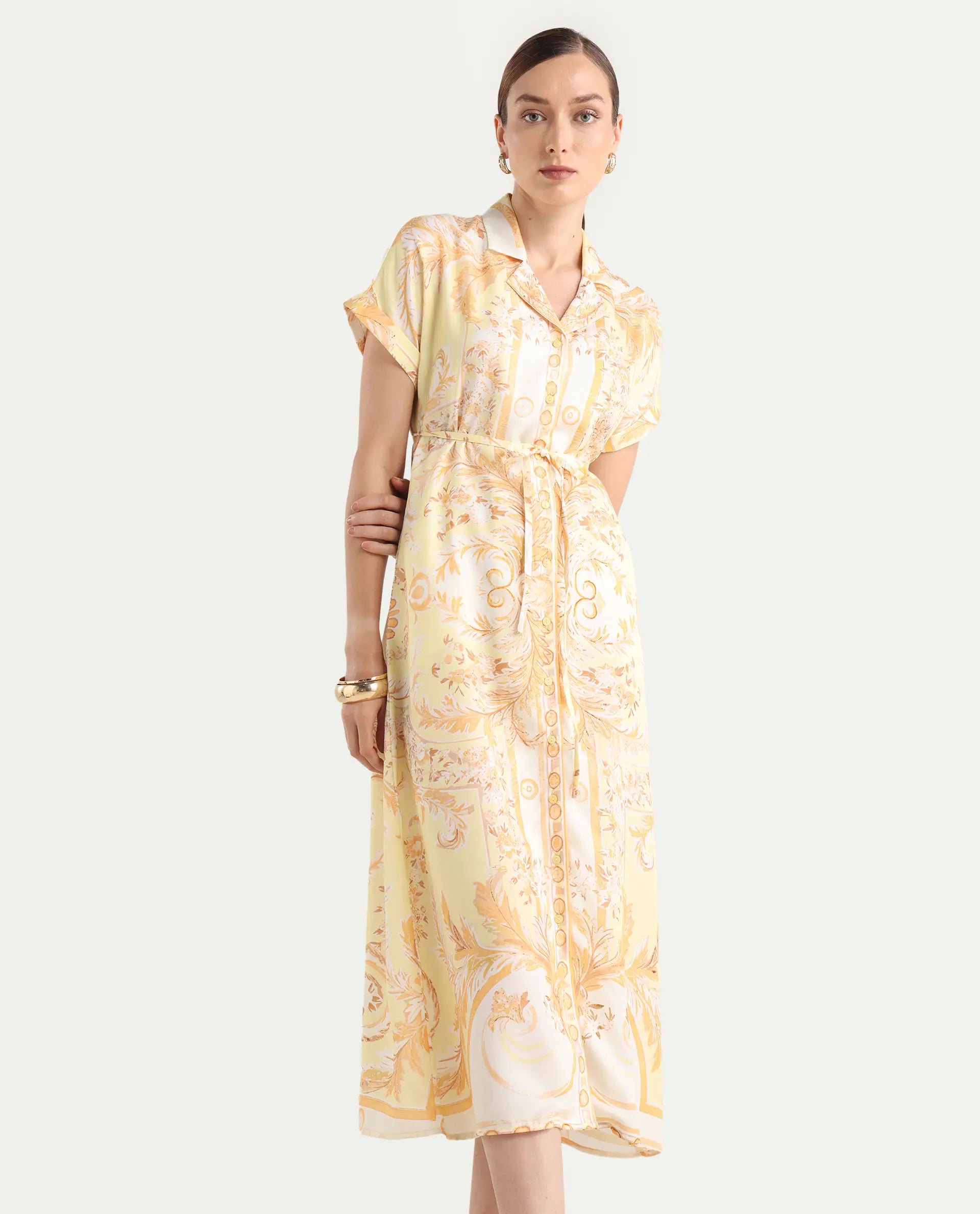 Rareism Women Jenson Yellow Lapel Neck Button Closure A-Line Maxi Printed Dress