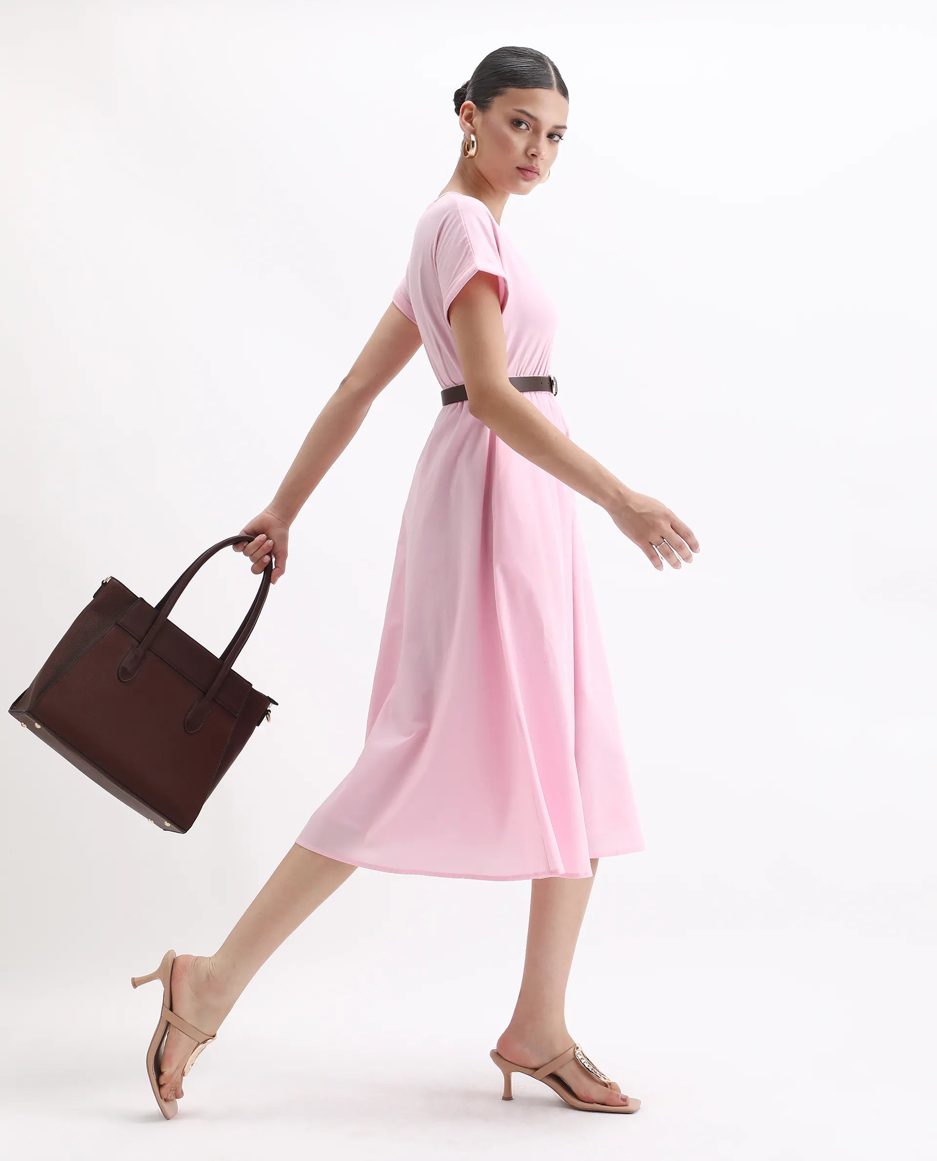 Rareism Women's Jento Pink Cotton Crew Neck Fit And Flare Dress