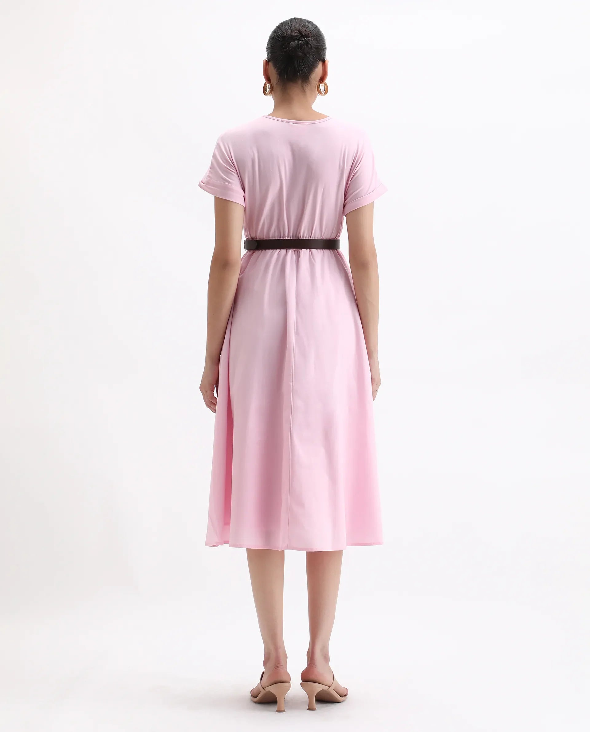 Rareism Women's Jento Pink Cotton Crew Neck Fit And Flare Dress