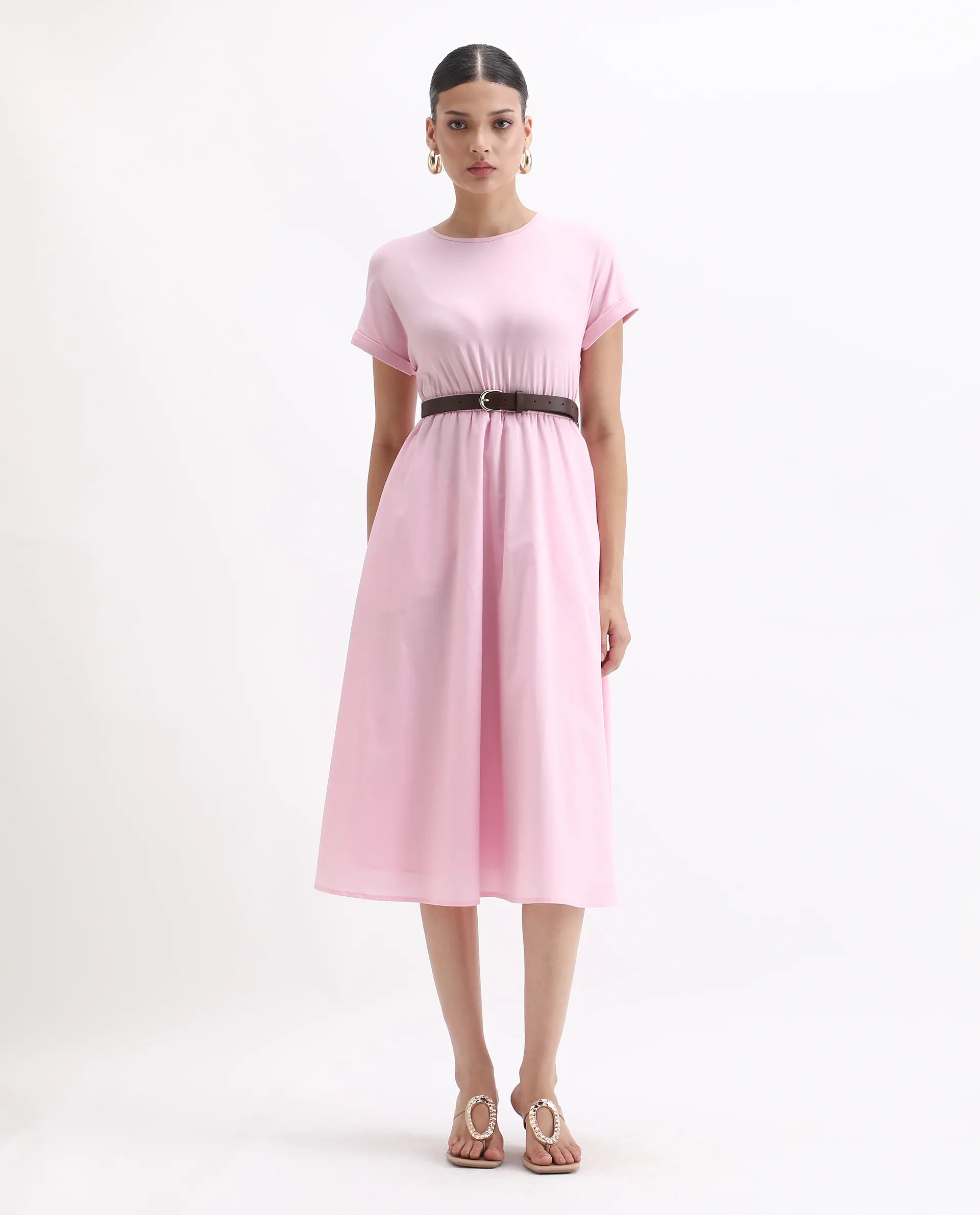Rareism Women's Jento Pink Cotton Crew Neck Fit And Flare Dress