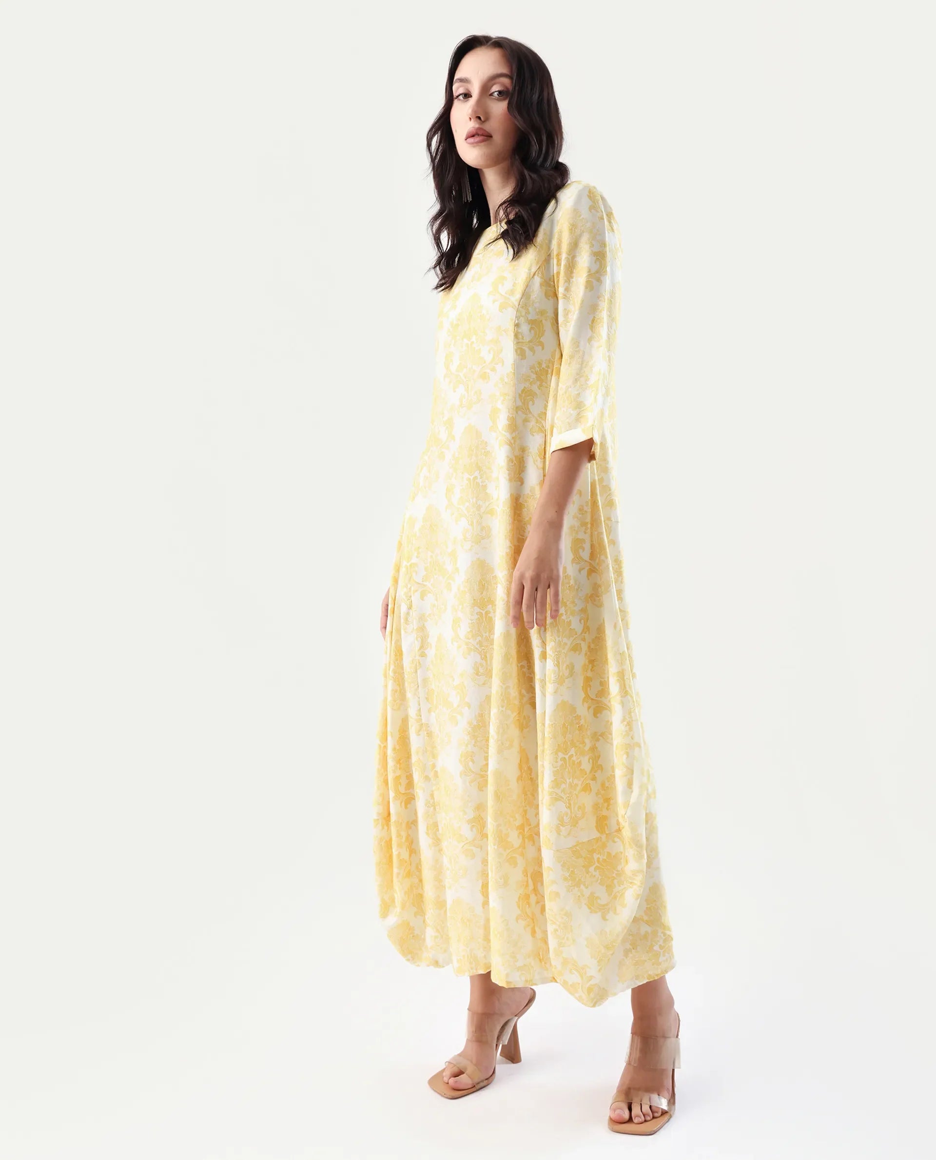 Rareism Women's Jenxi Yellow Viscose Blend Crew Neck Relaxed Fit Dress