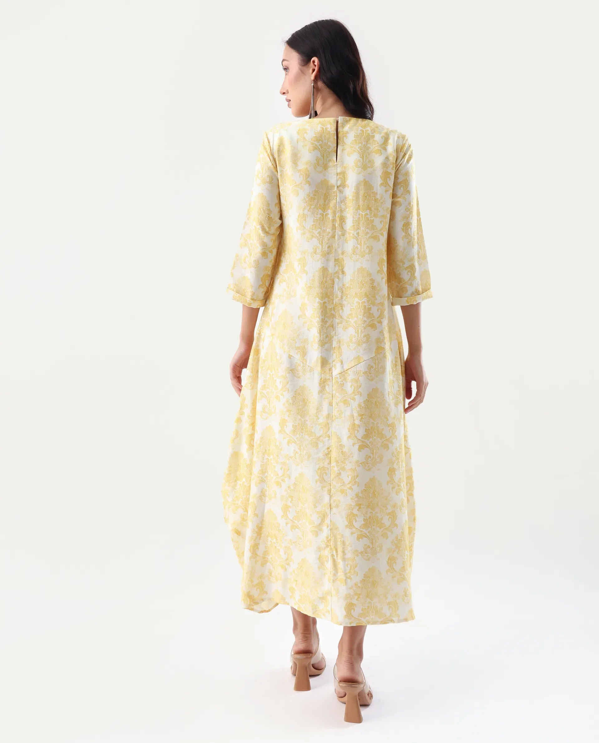 Rareism Women's Jenxi Yellow Viscose Blend Crew Neck Relaxed Fit Dress