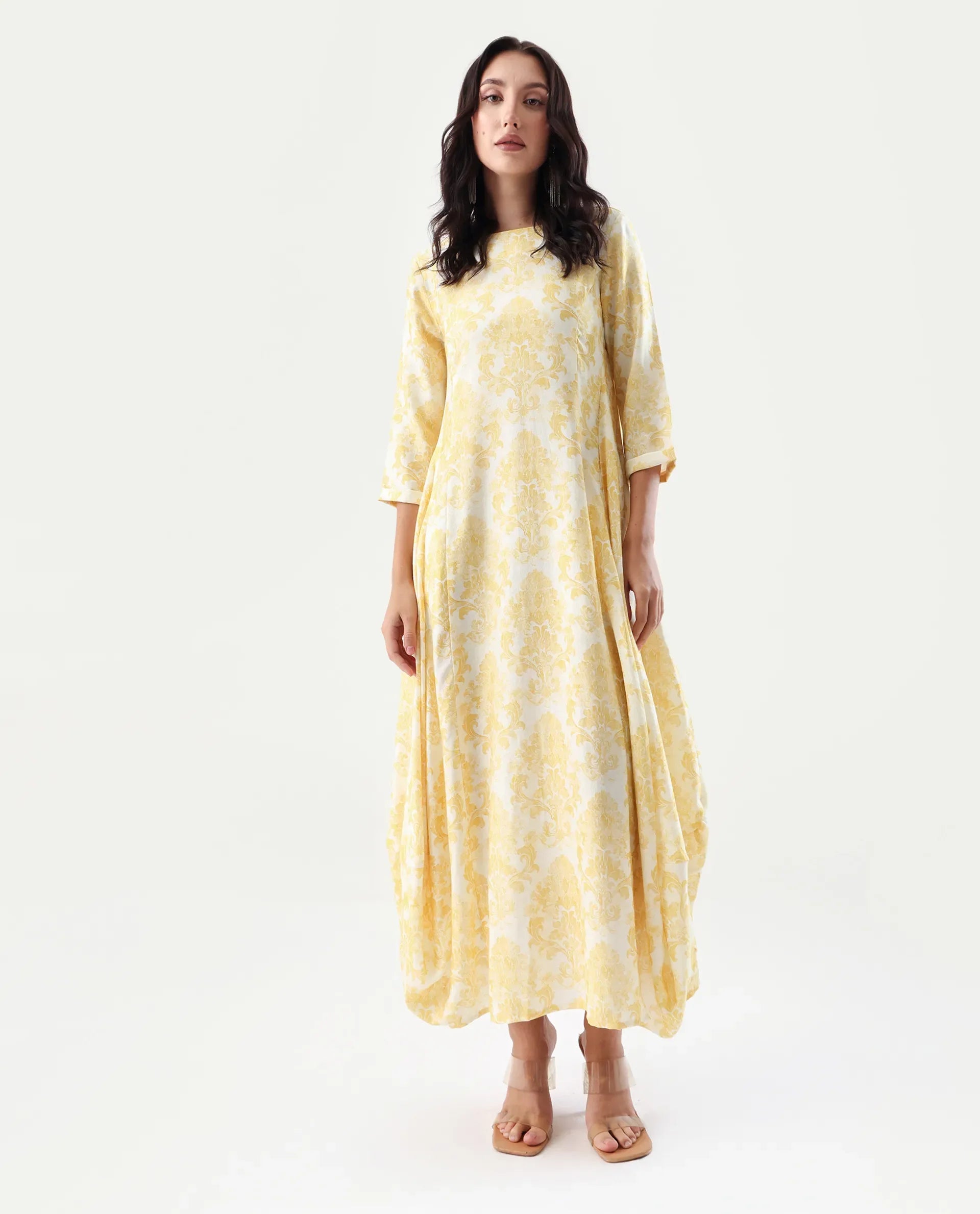 Rareism Women's Jenxi Yellow Viscose Blend Crew Neck Relaxed Fit Dress
