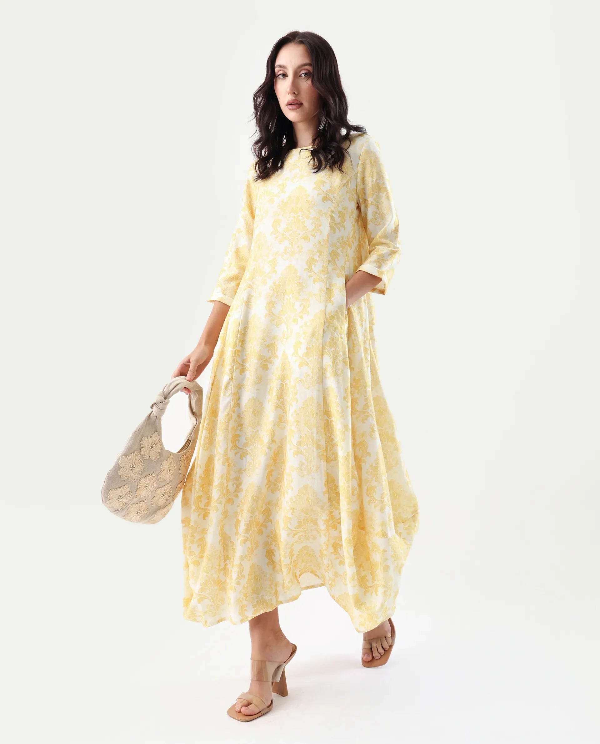 Rareism Women's Jenxi Yellow Viscose Blend Crew Neck Relaxed Fit Dress