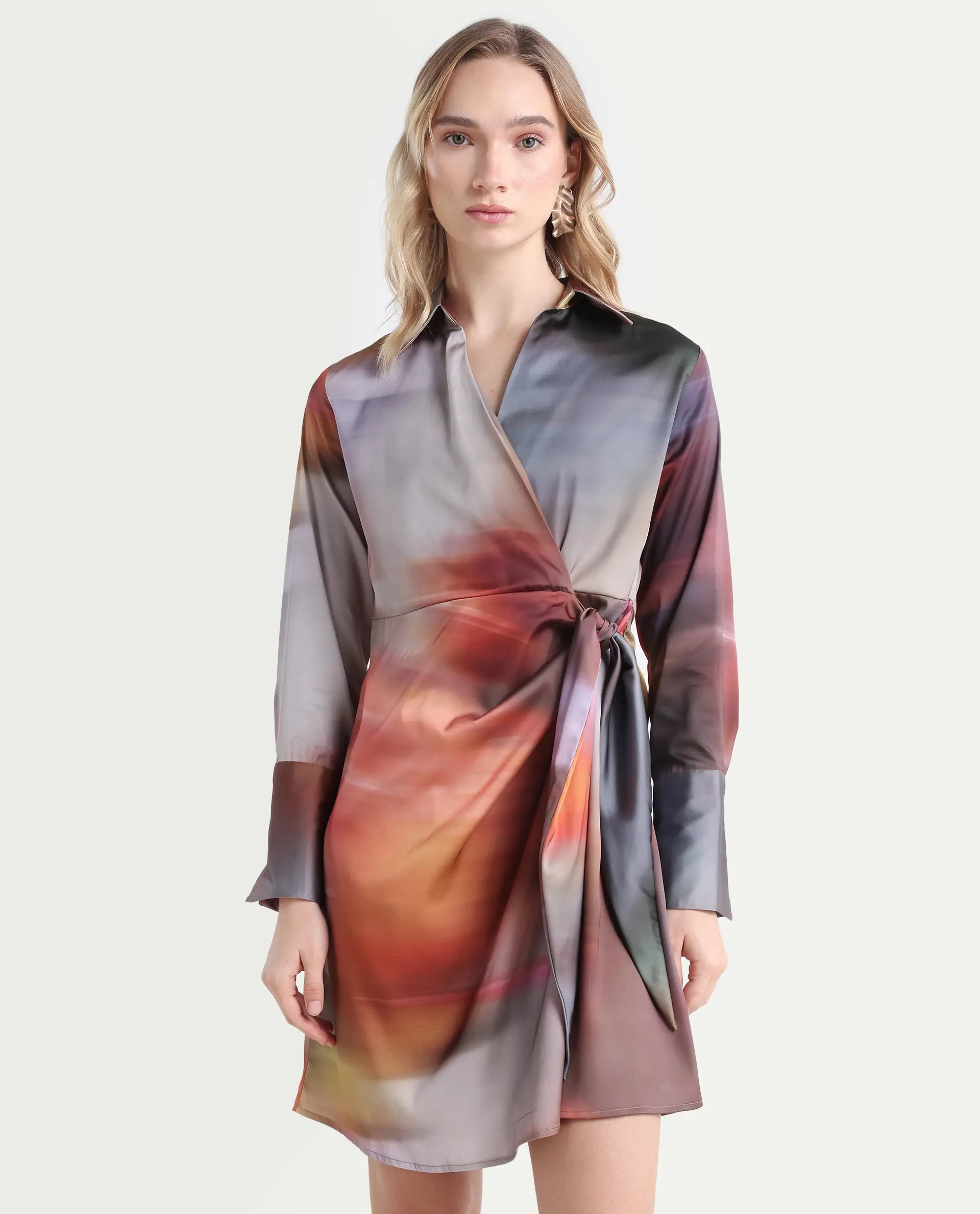 Rareism Women's Jengo Multi Polyester Johnny Collar Straight Fit Dress