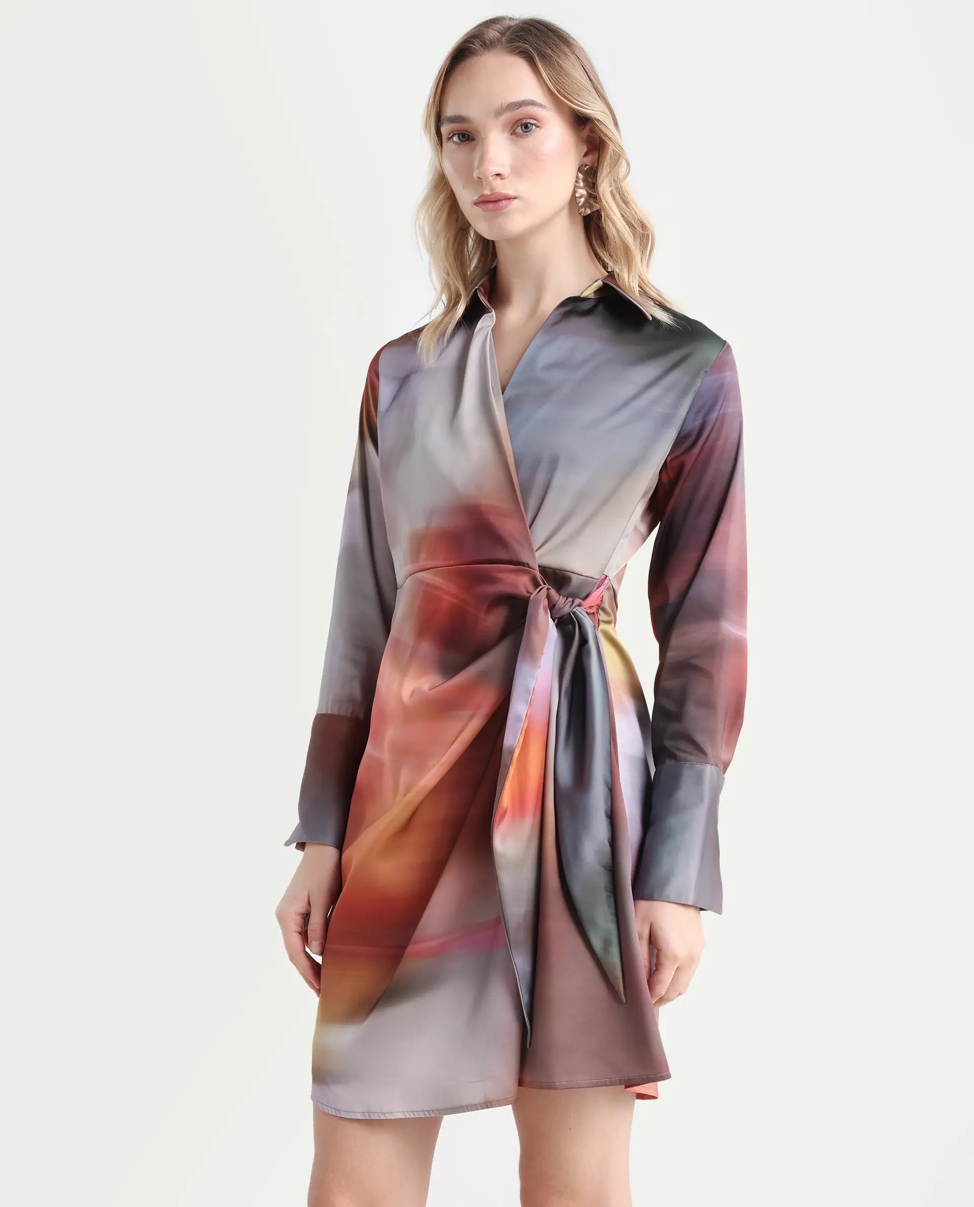 Rareism Women's Jengo Multi Polyester Johnny Collar Straight Fit Dress