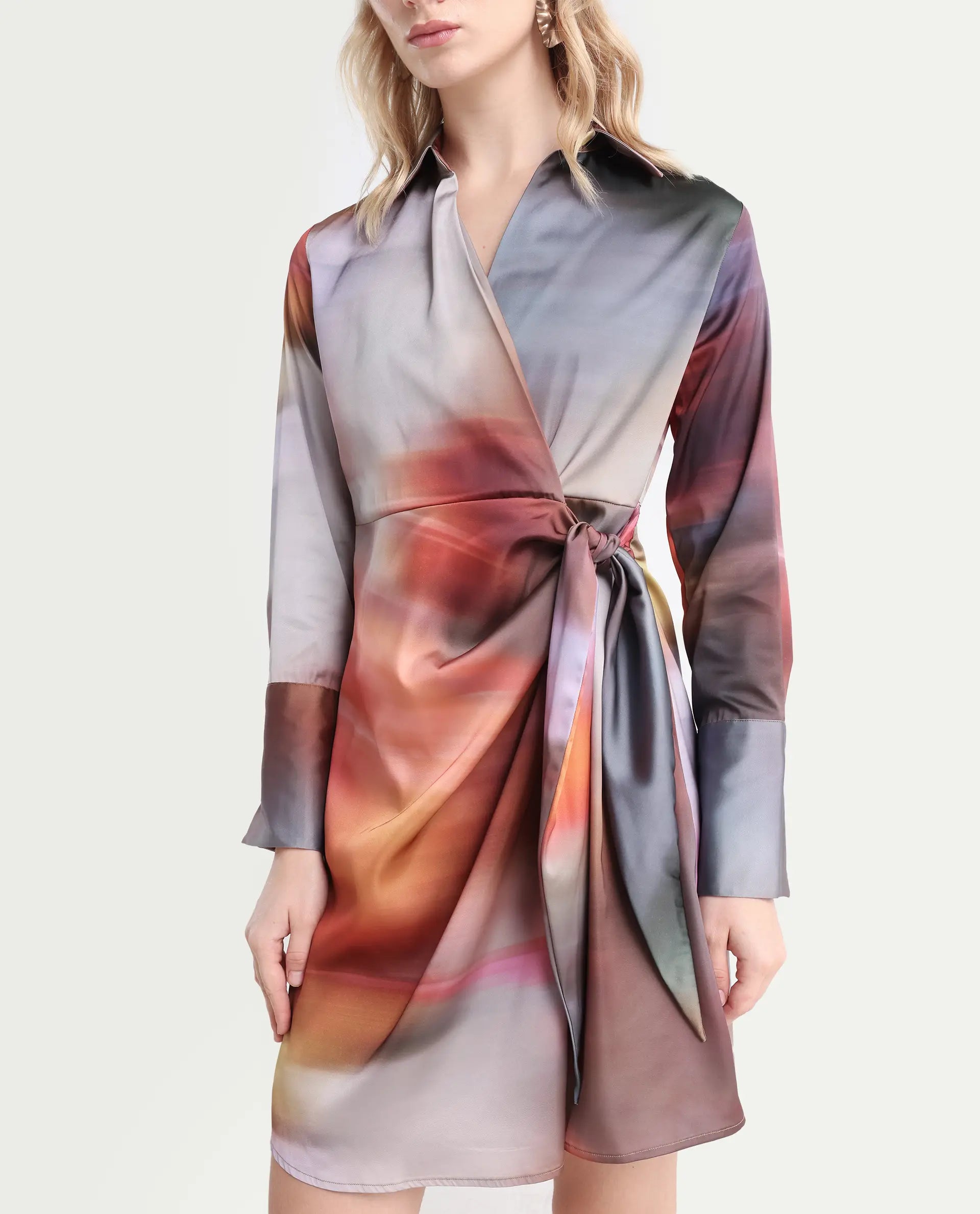 Rareism Women's Jengo Multi Polyester Johnny Collar Straight Fit Dress